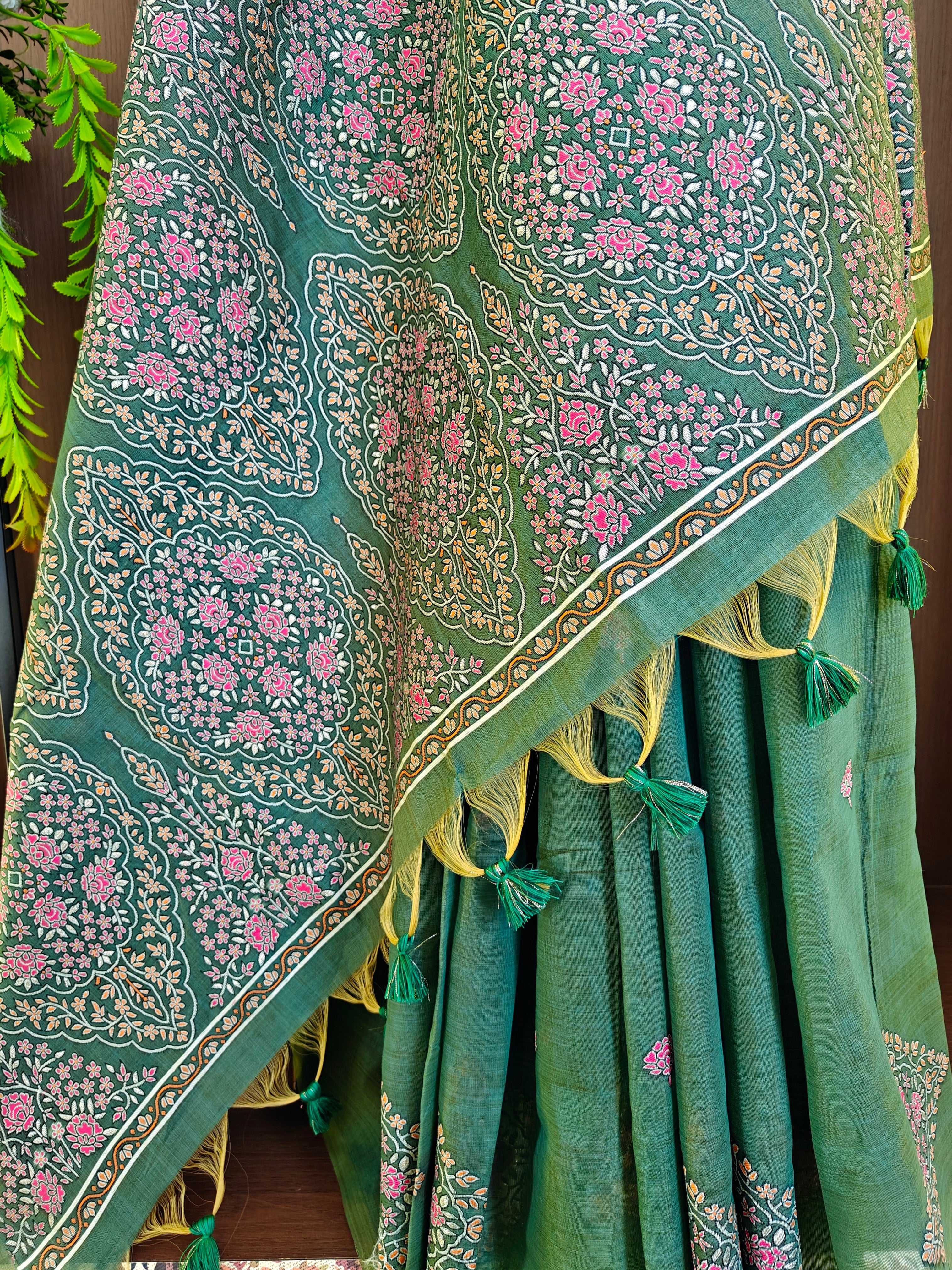 Pastel Green Resham Woven Muga Cotton Saree