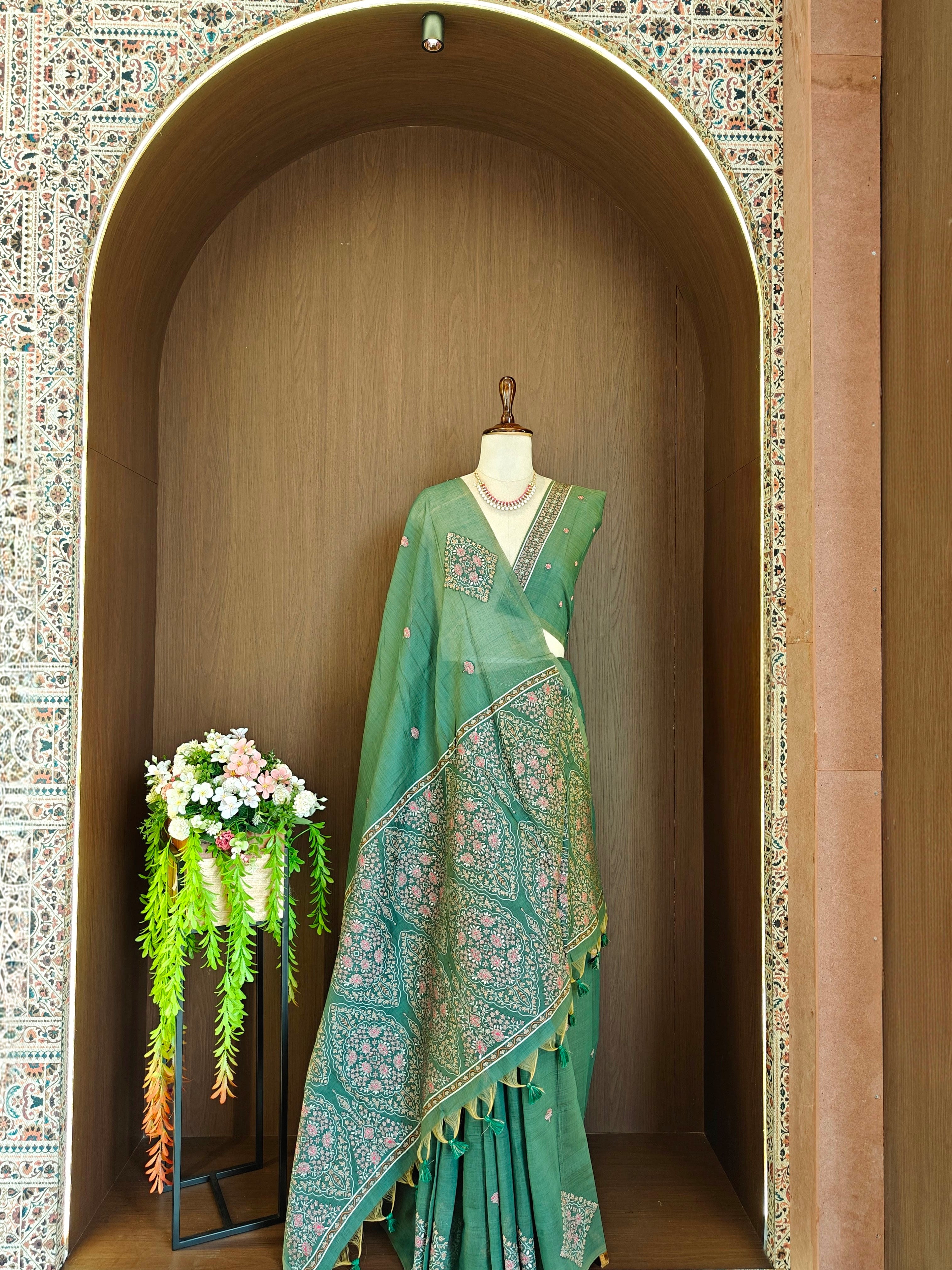 Pastel Green Resham Woven Muga Cotton Saree