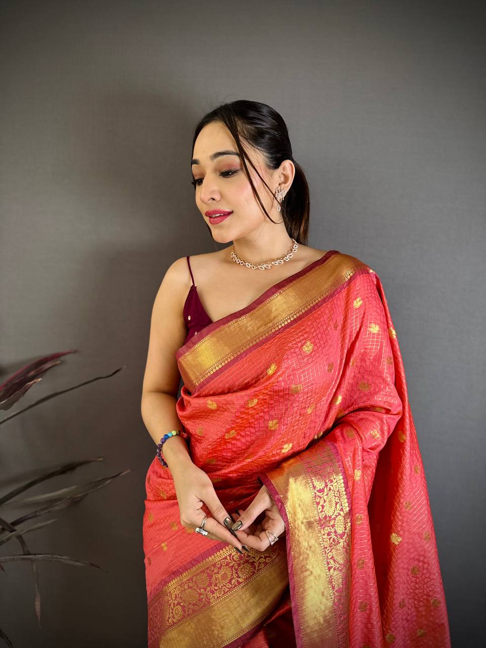 Pastel Red Banarasi Soft Tissue Silk Saree