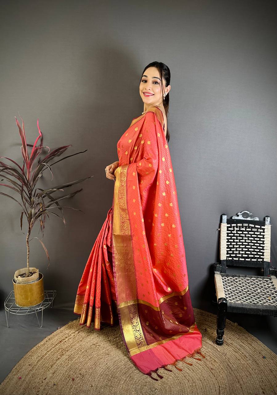 Pastel Red Banarasi Soft Tissue Silk Saree