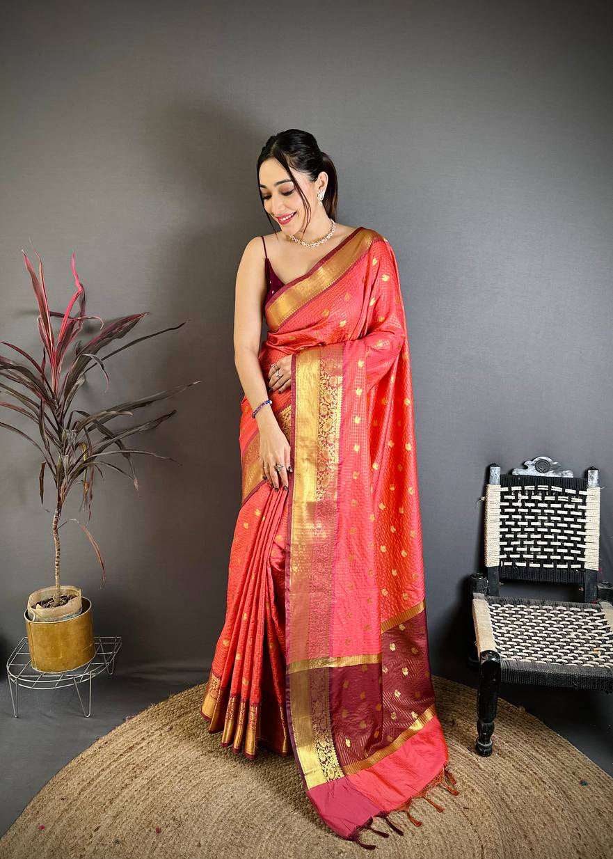 Pastel Red Banarasi Soft Tissue Silk Saree
