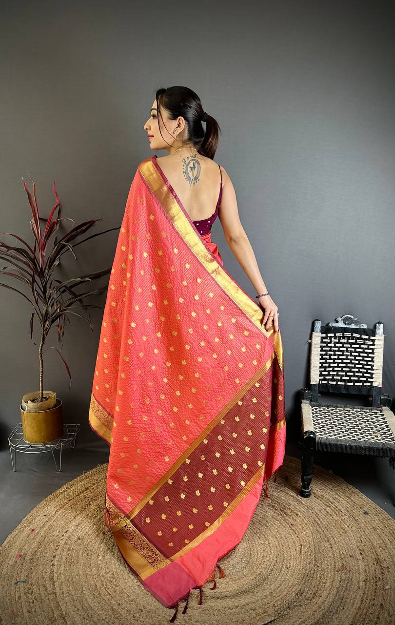 Pastel Red Banarasi Soft Tissue Silk Saree