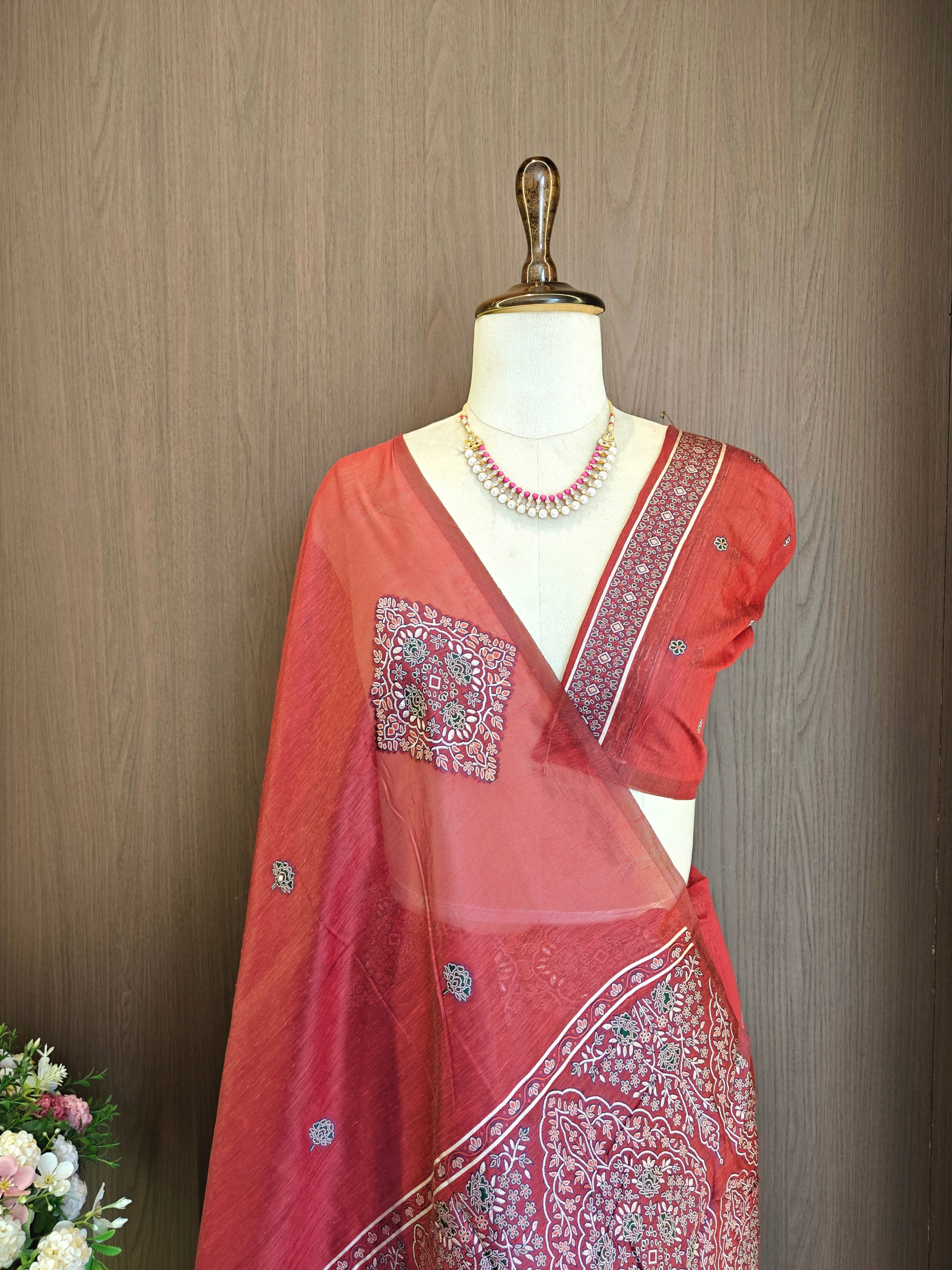Pastel Red Resham Woven Muga Cotton Saree