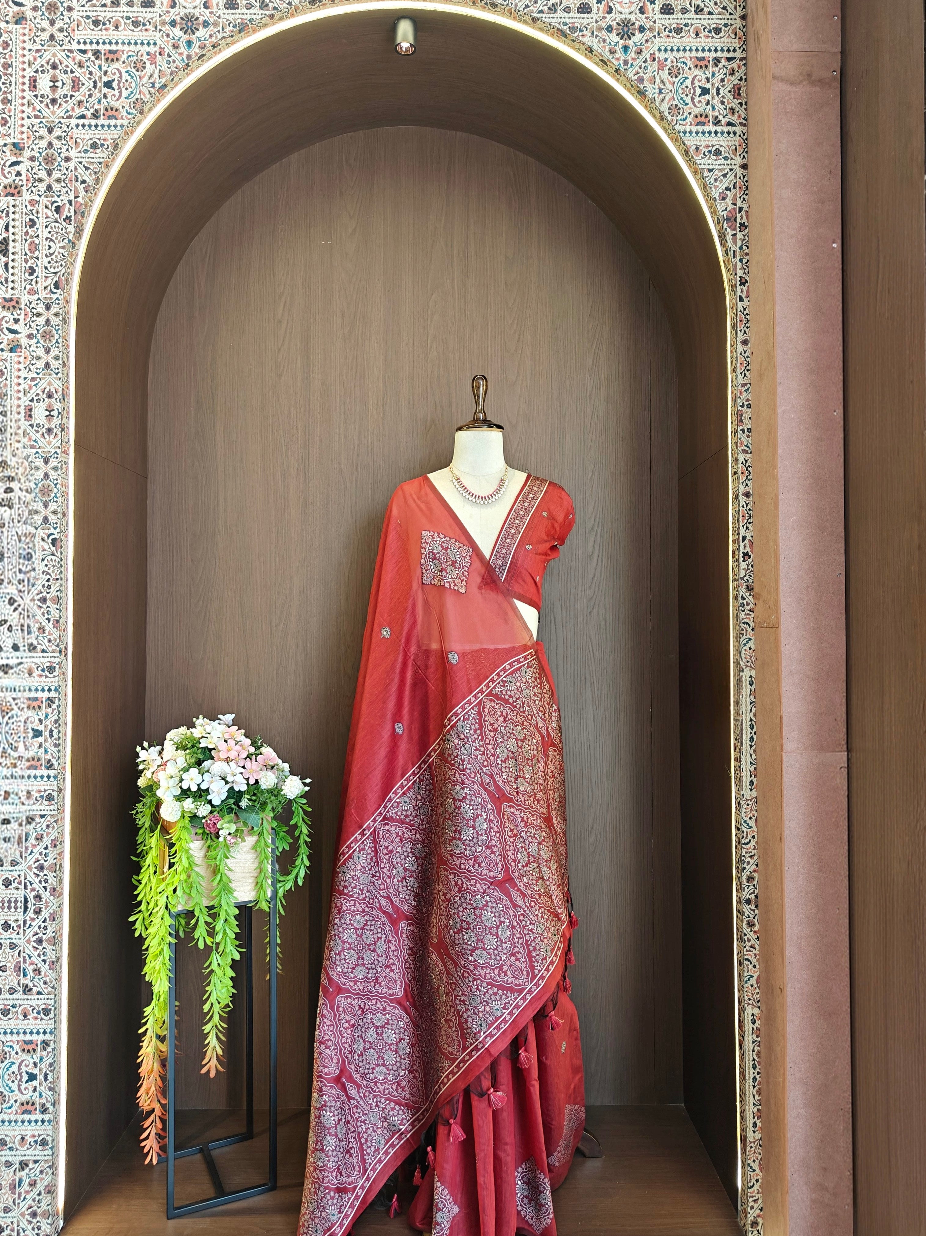 Pastel Red Resham Woven Muga Cotton Saree