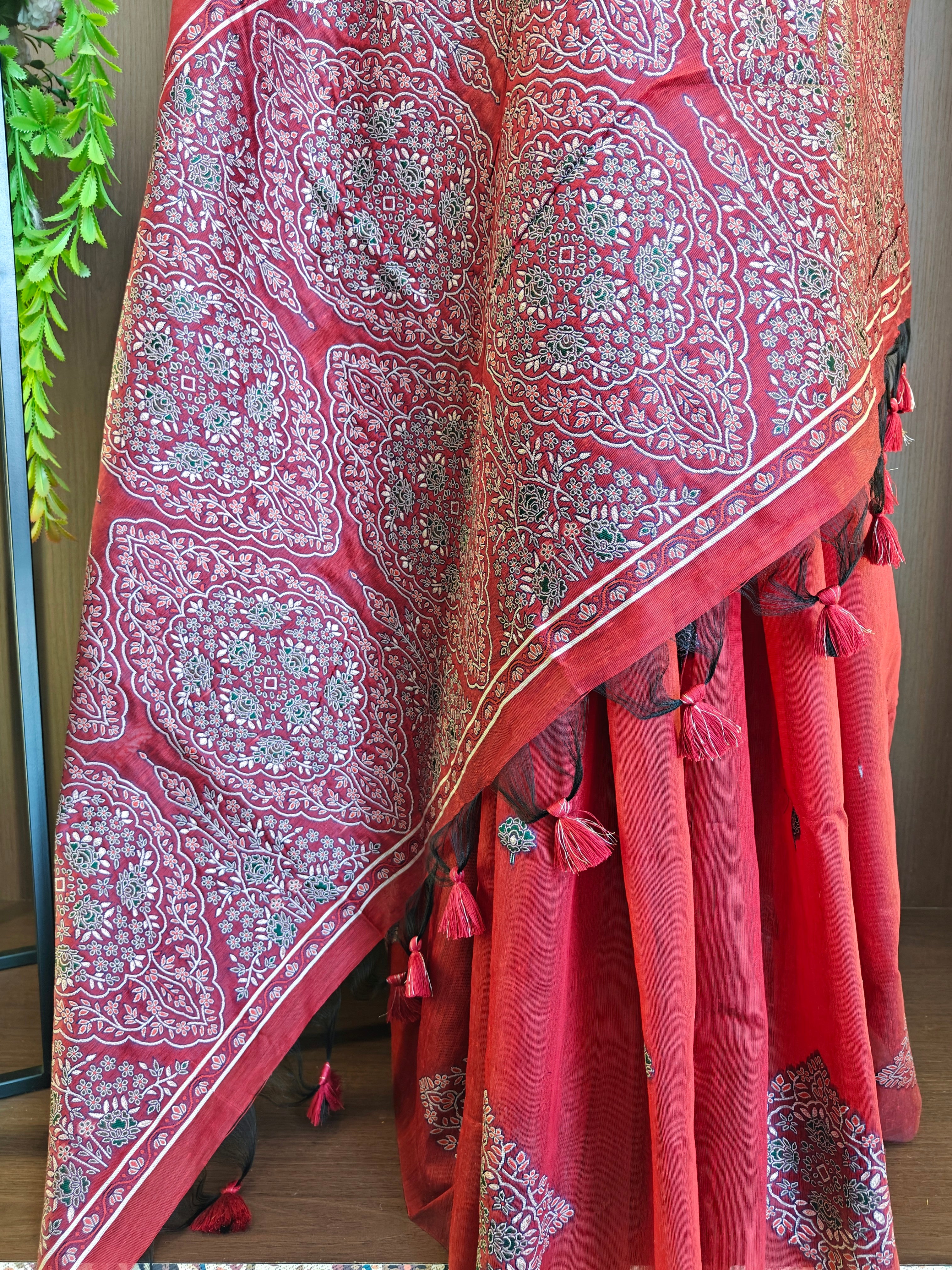 Pastel Red Resham Woven Muga Cotton Saree