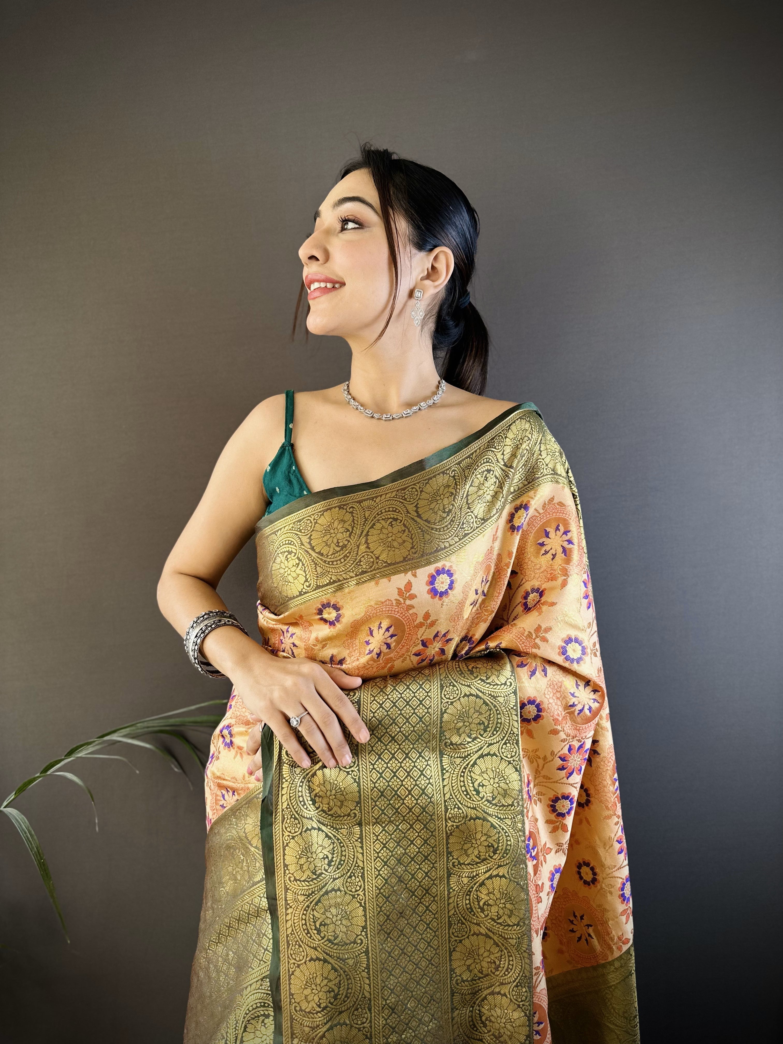 Peach And Green Kanjivaram Tissue Silk Saree