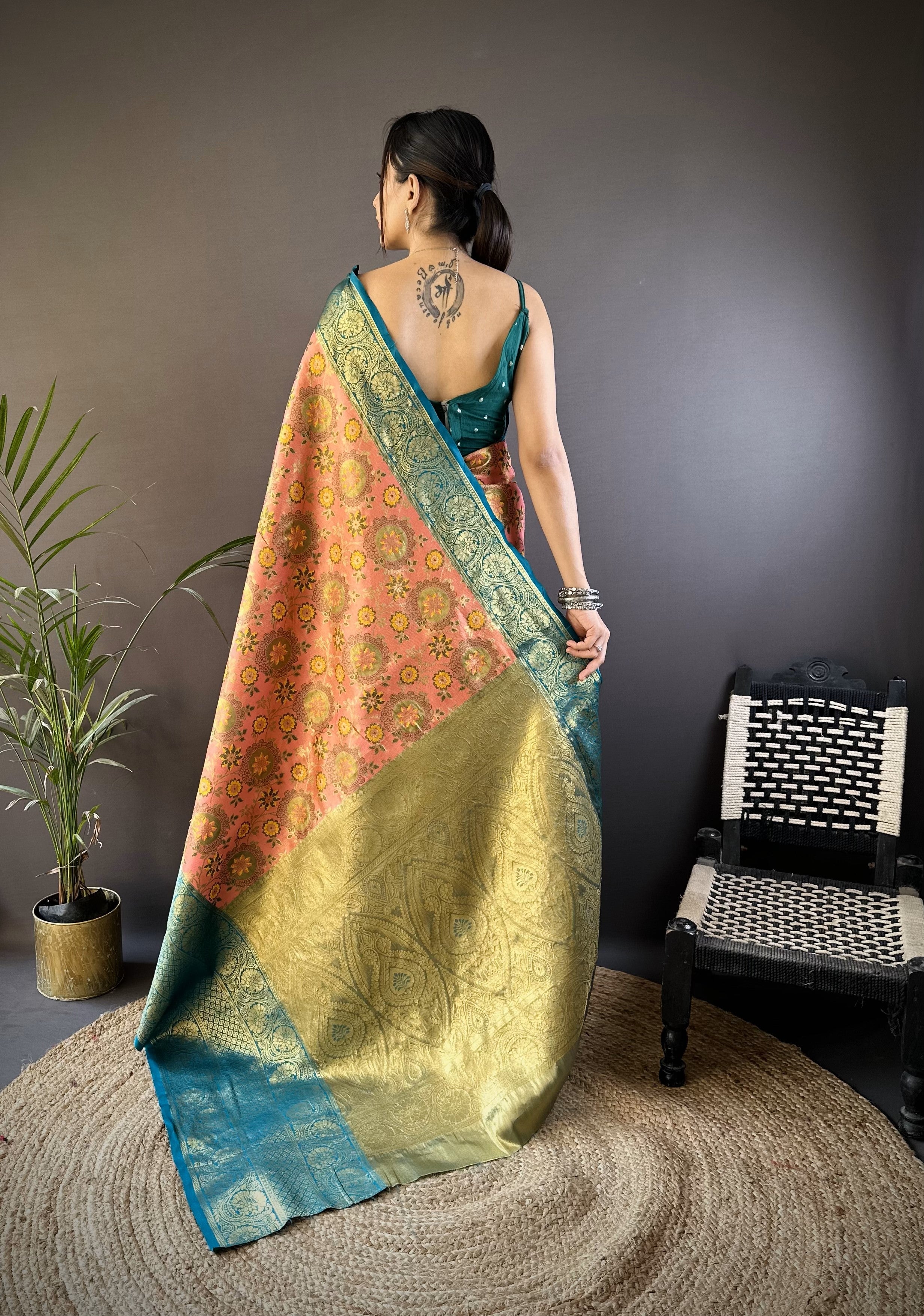 Pink & Teal Kanjivaram Tissue Silk Saree