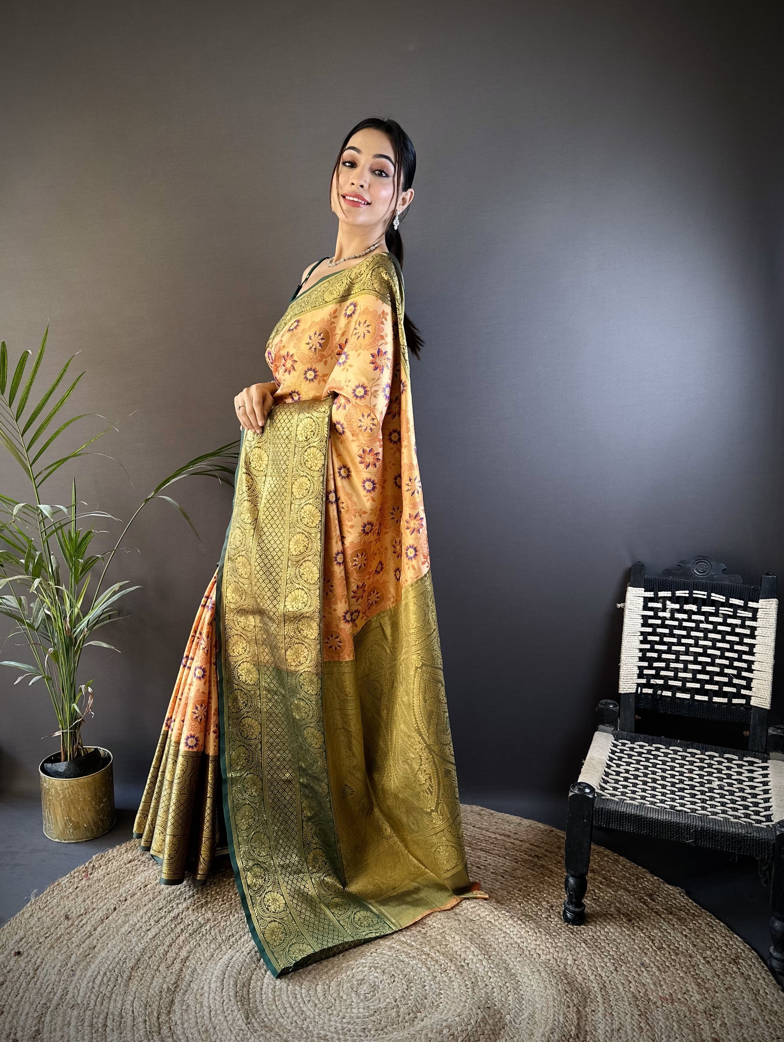 Peach And Green Kanjivaram Tissue Silk Saree
