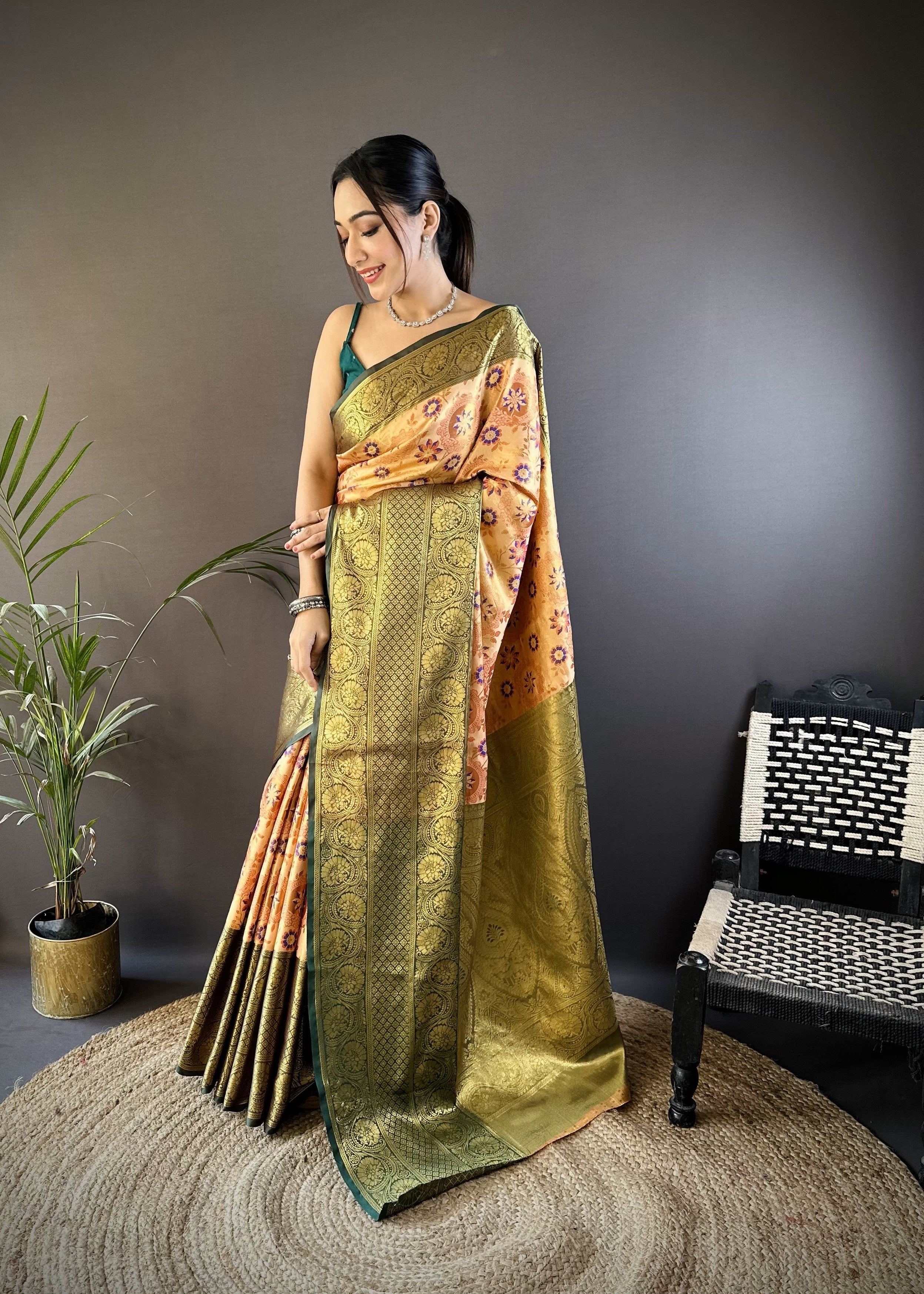 Peach And Green Kanjivaram Tissue Silk Saree