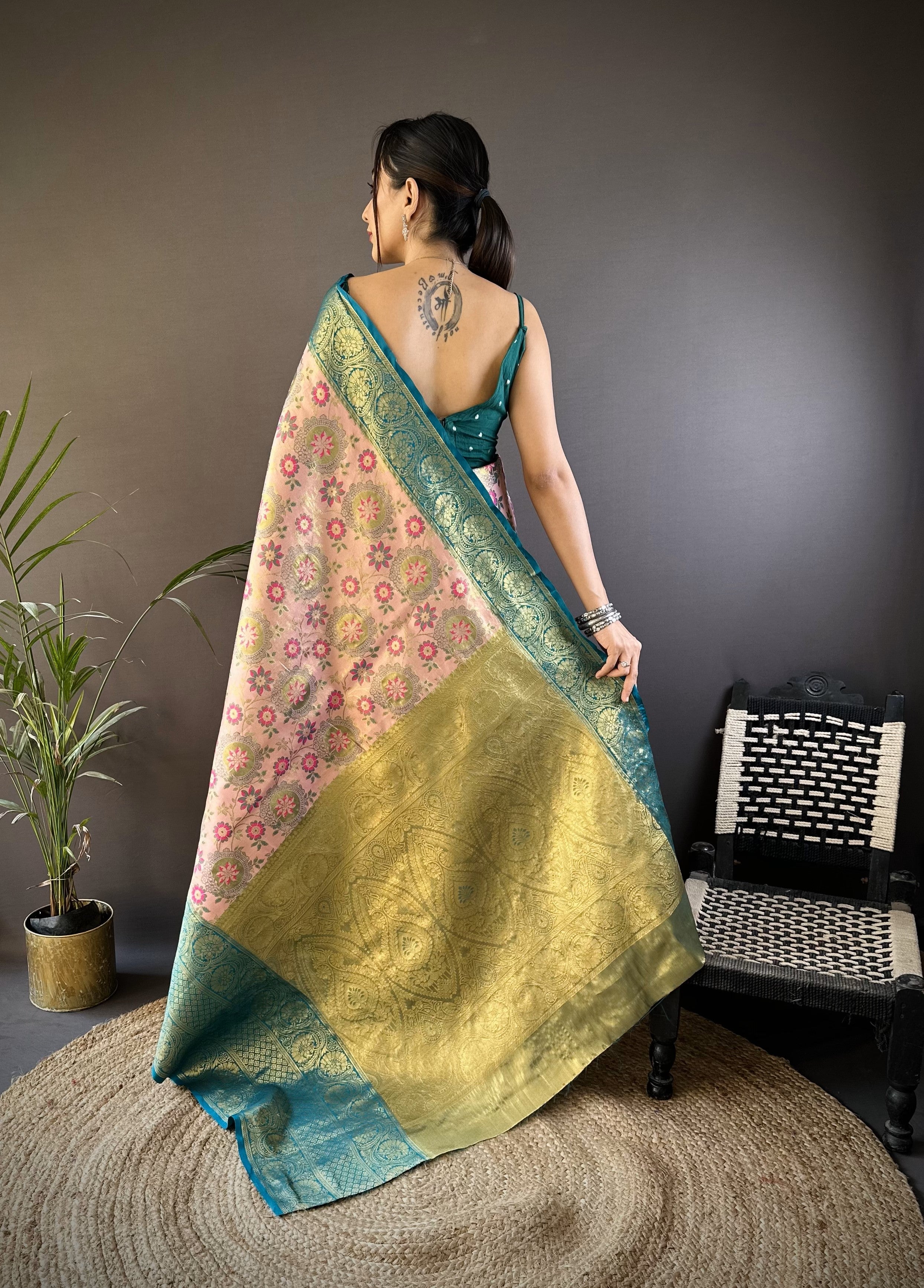 Peach And Teal Kanjivaram Tissue Silk Saree