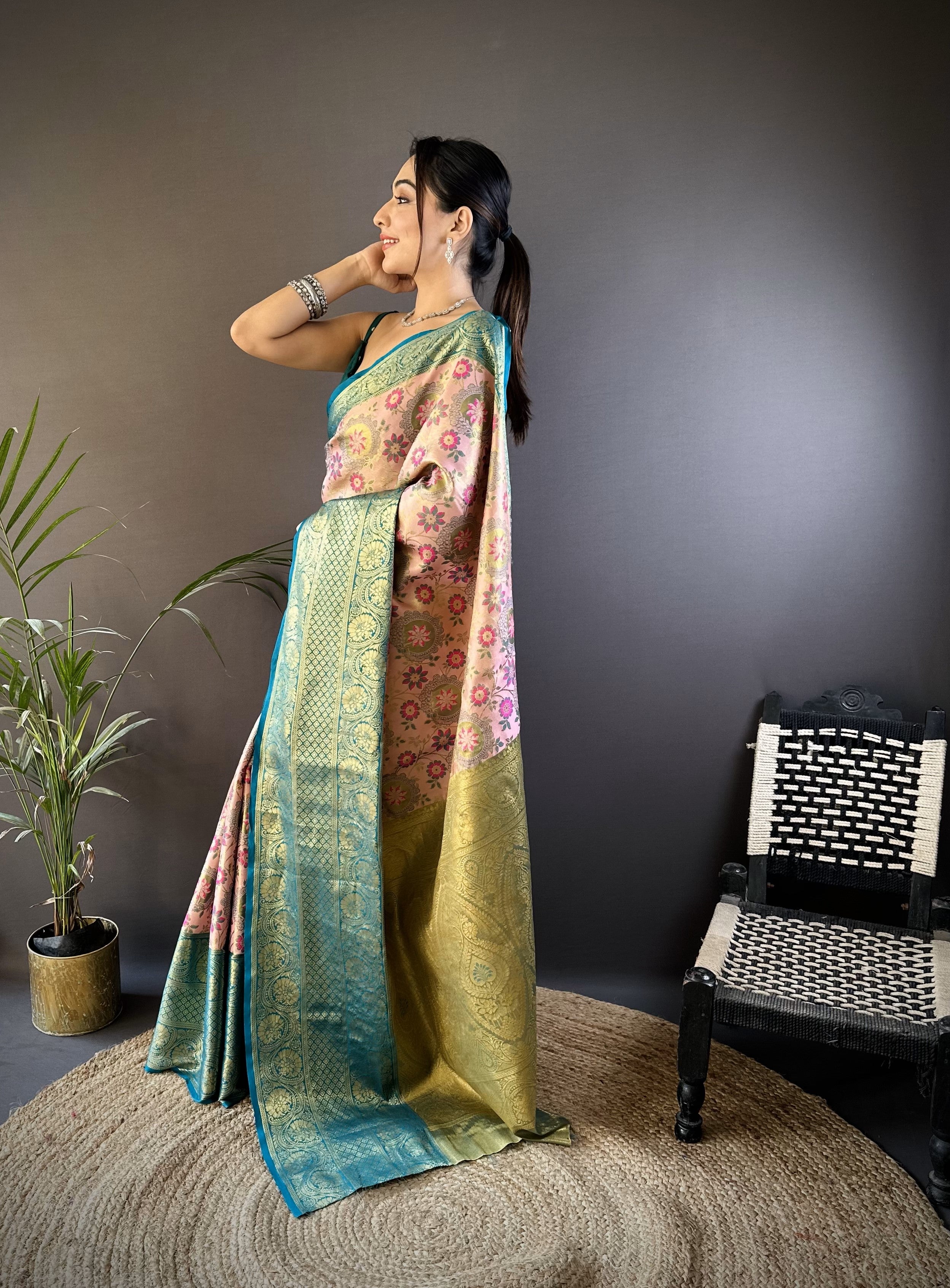 Peach And Teal Kanjivaram Tissue Silk Saree