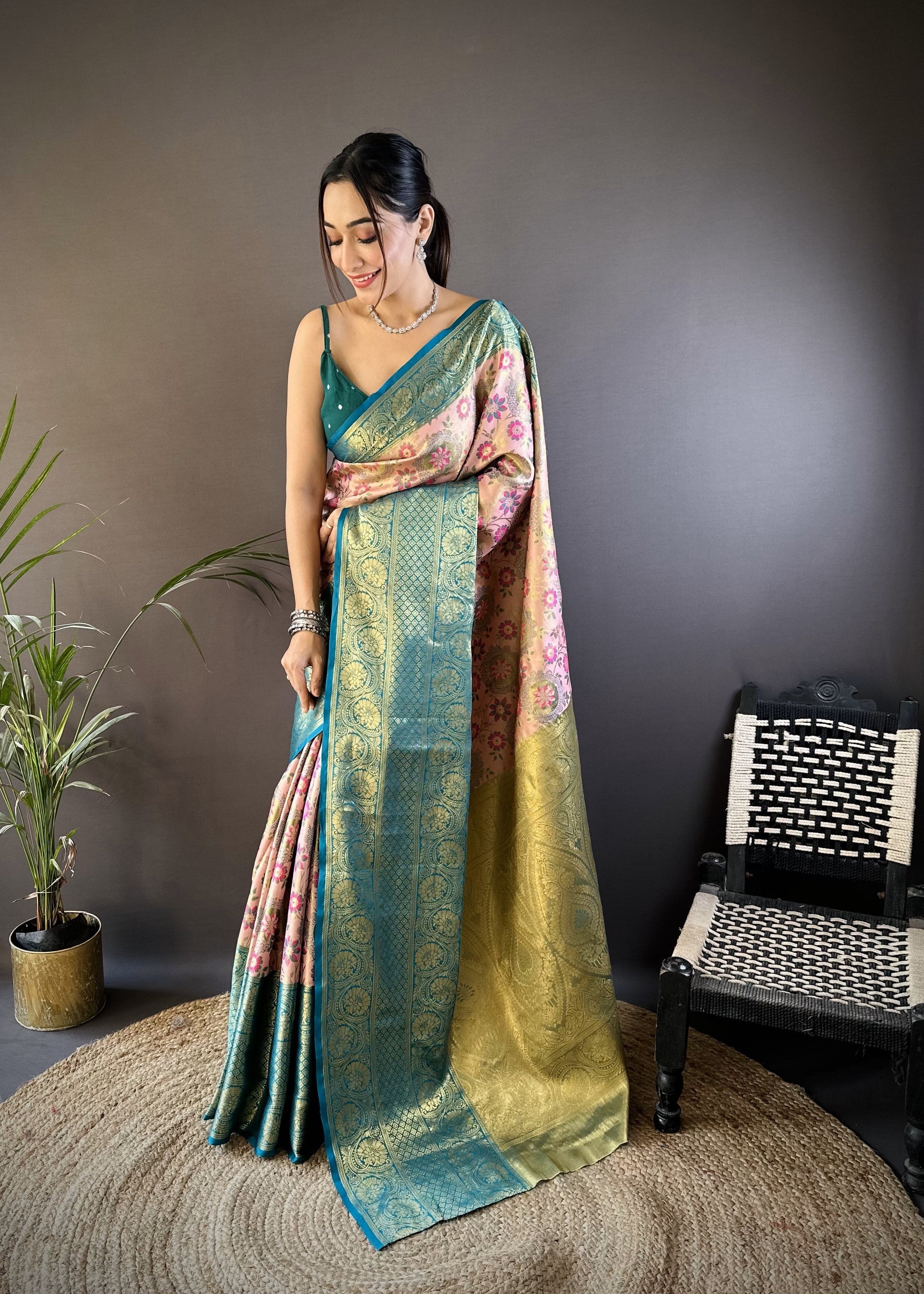 Peach And Teal Kanjivaram Tissue Silk Saree