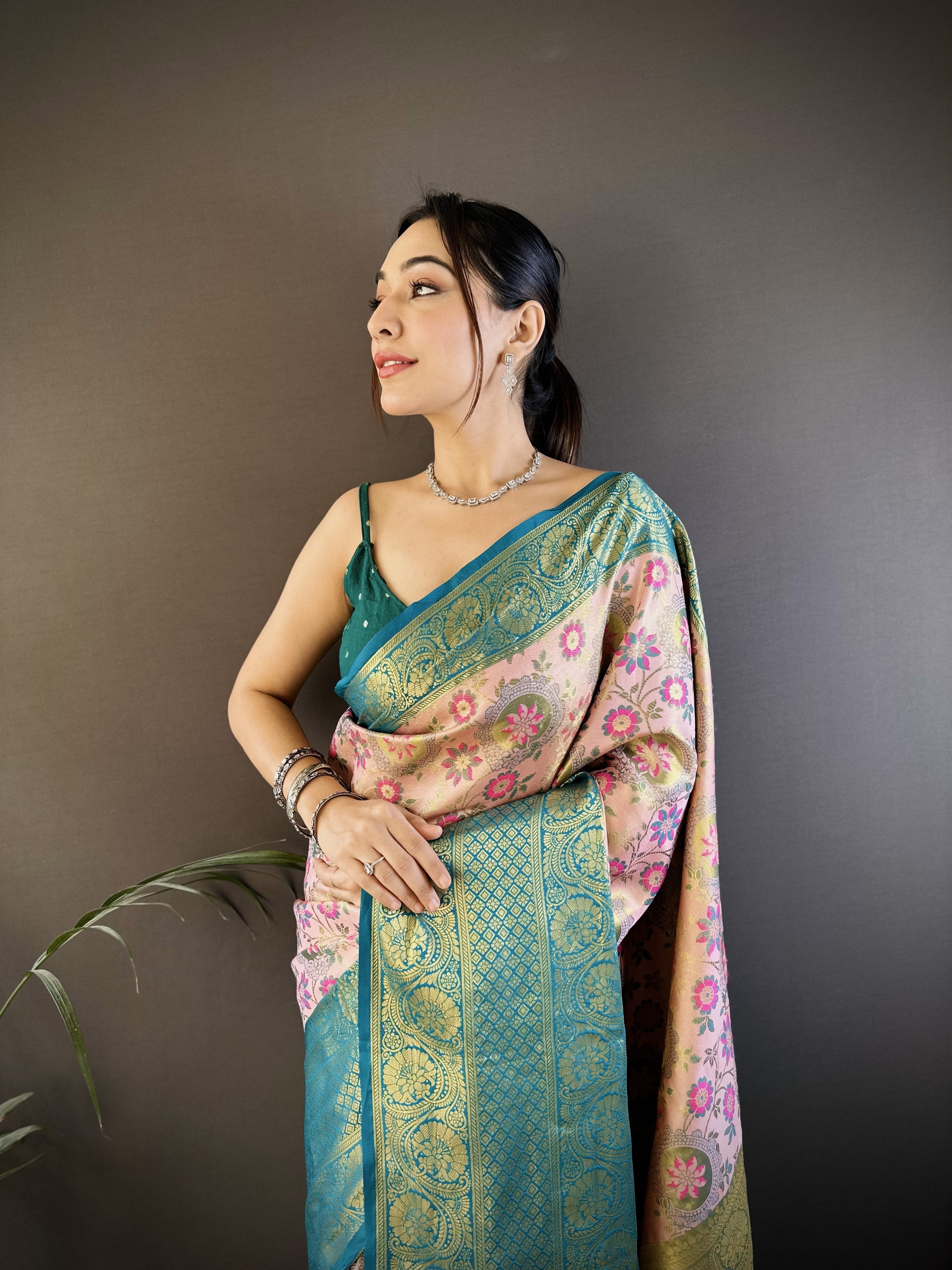 Peach And Teal Kanjivaram Tissue Silk Saree