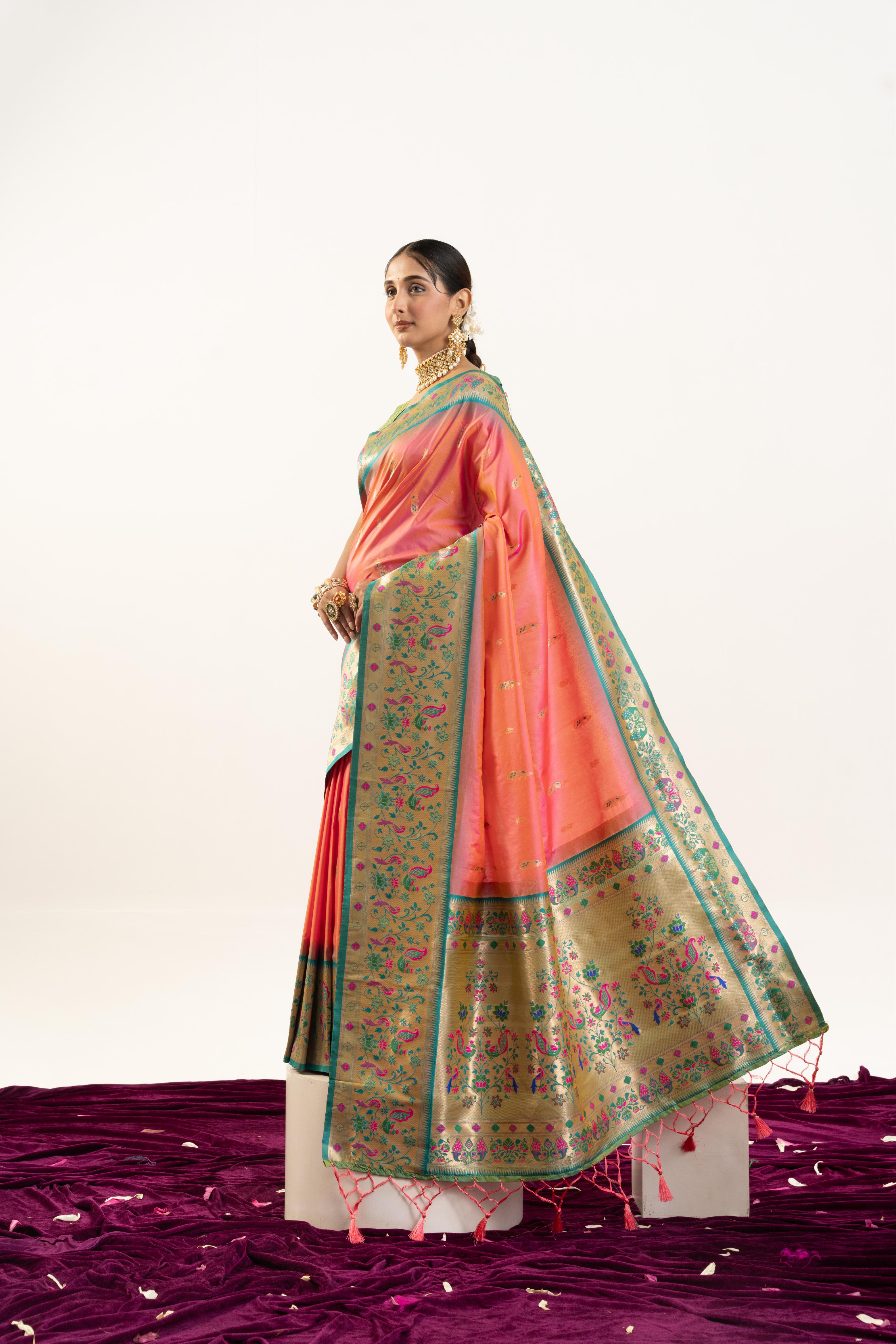 Peach Banarasi Silk Paithani Saree