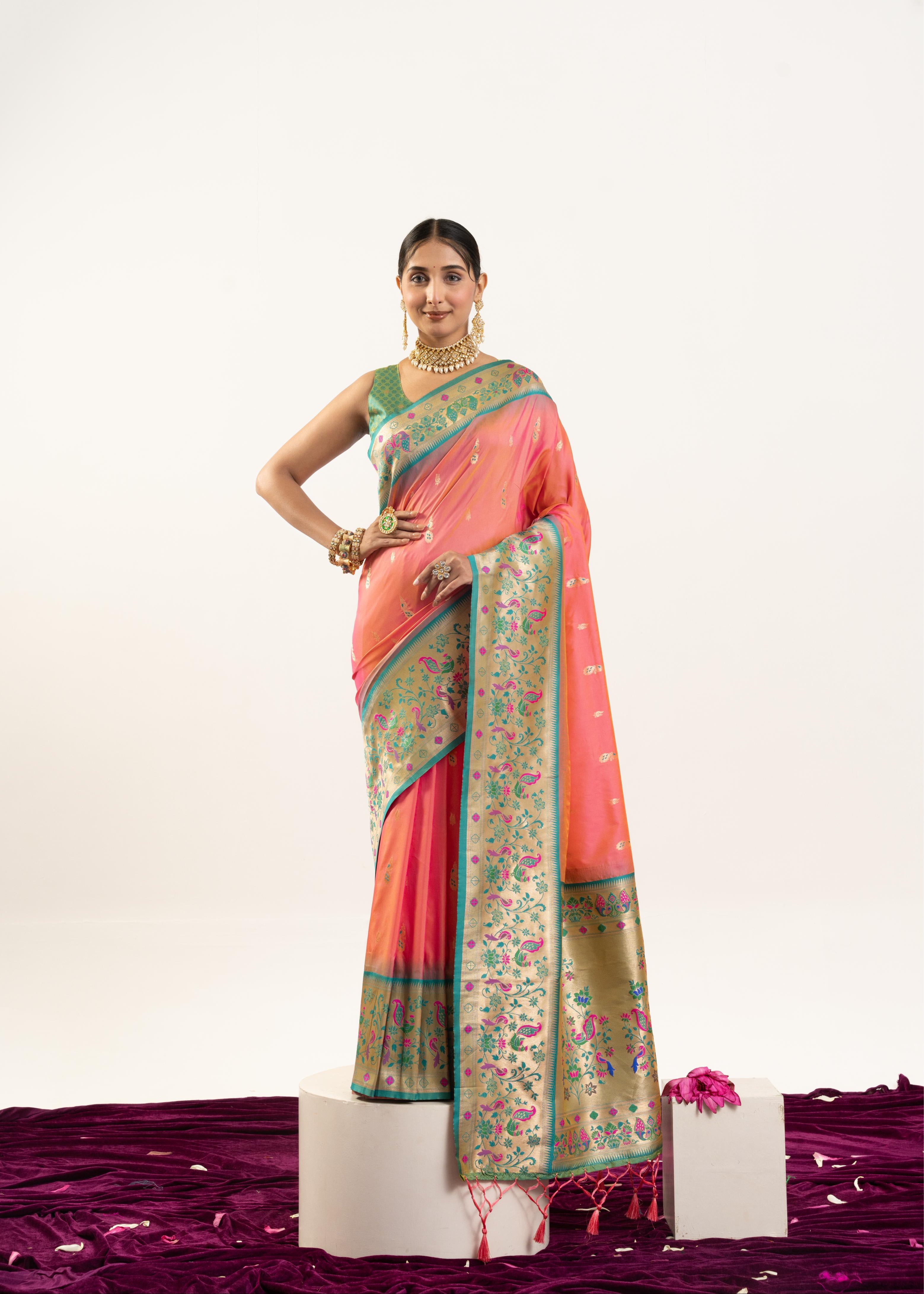 Peach Banarasi Silk Paithani Saree