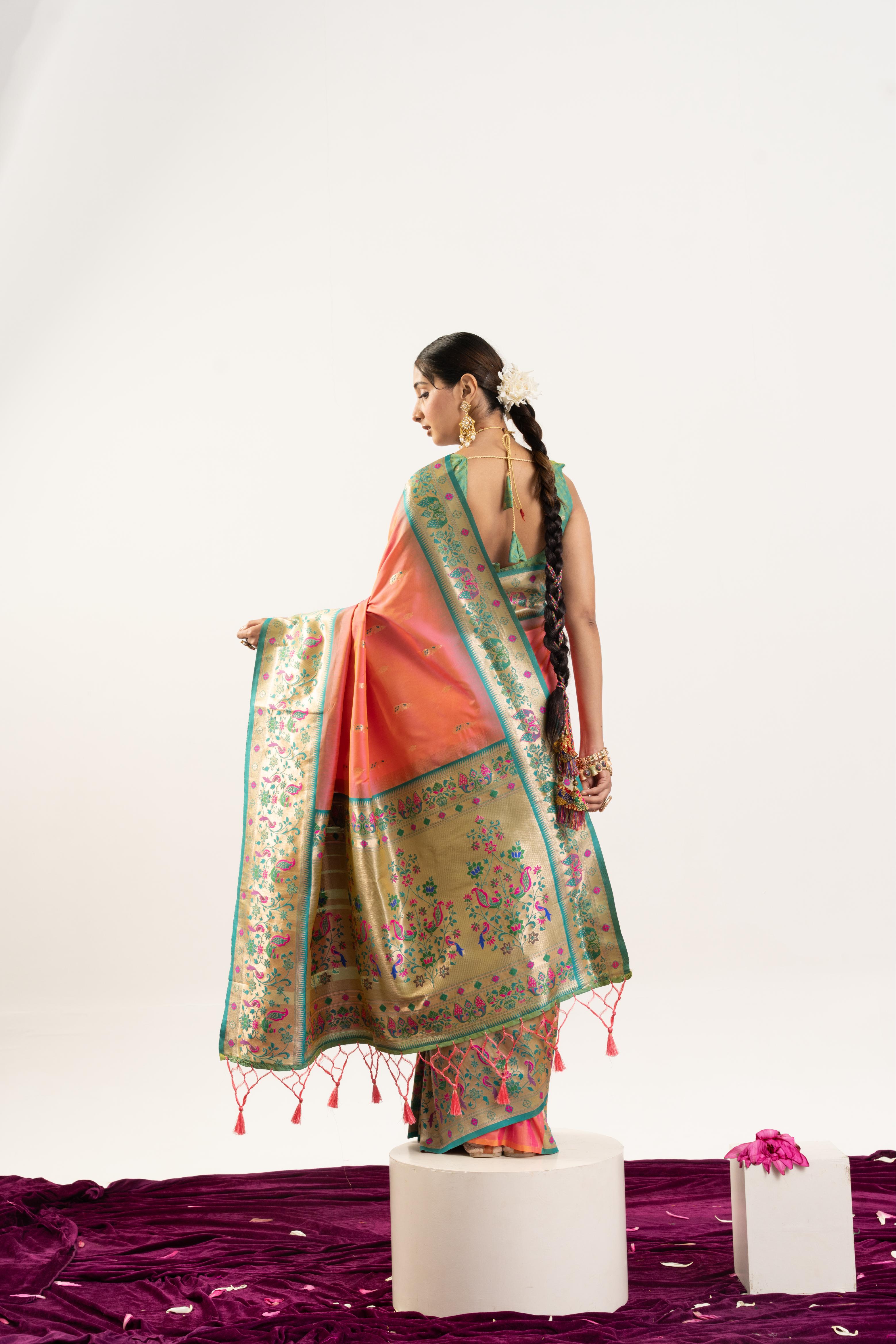Peach Banarasi Silk Paithani Saree