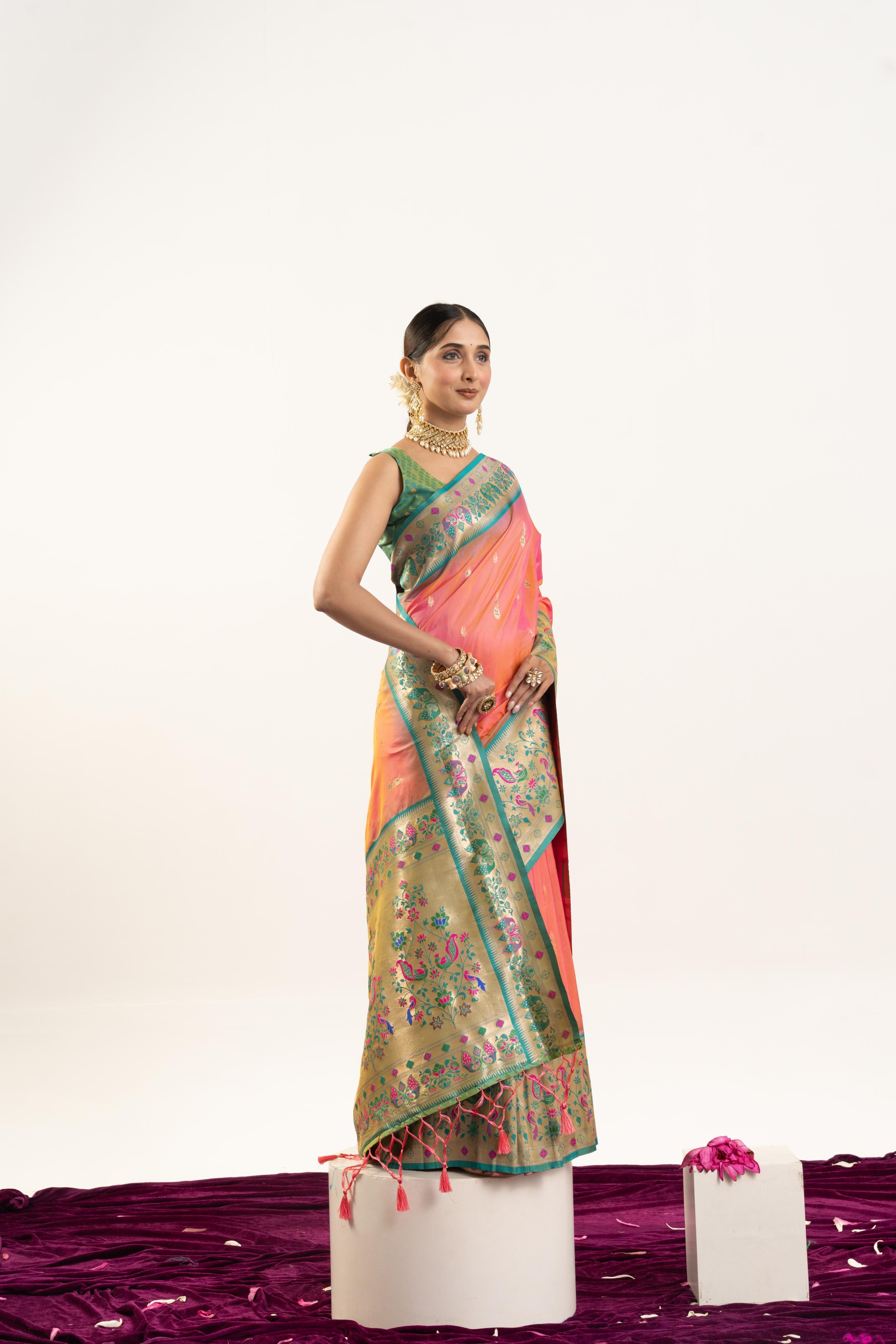 Peach Banarasi Silk Paithani Saree