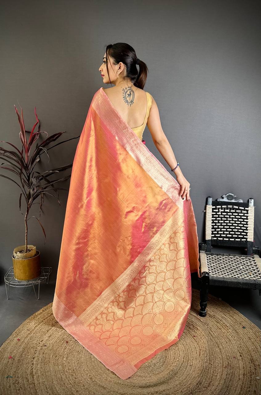 Peach Banarasi Soft Tissue Silk Saree