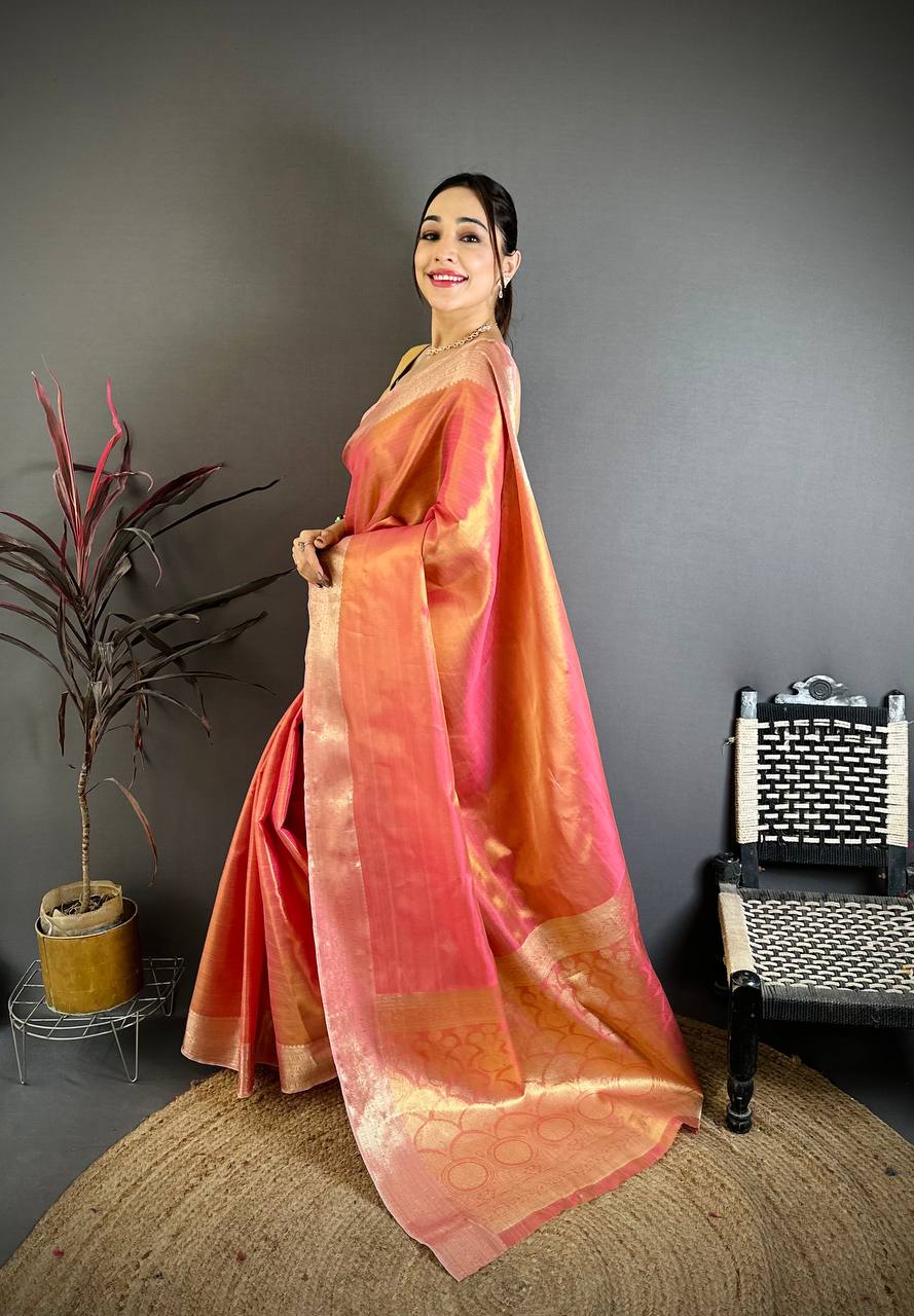 Peach Banarasi Soft Tissue Silk Saree