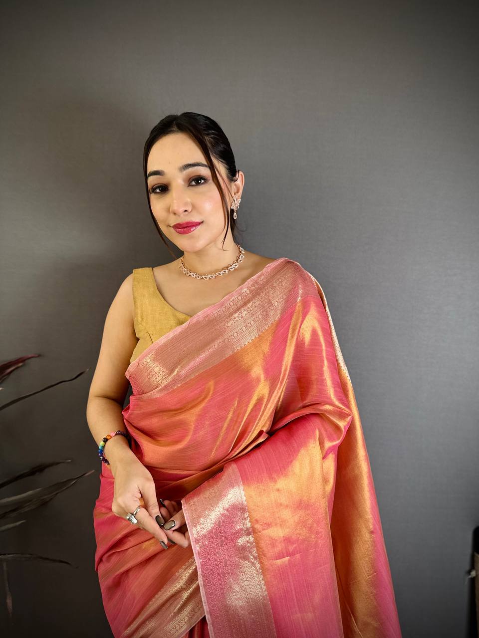 Peach Banarasi Soft Tissue Silk Saree