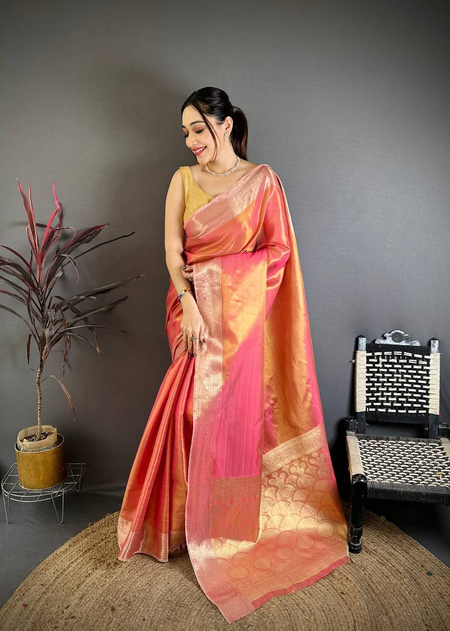 Peach Banarasi Soft Tissue Silk Saree