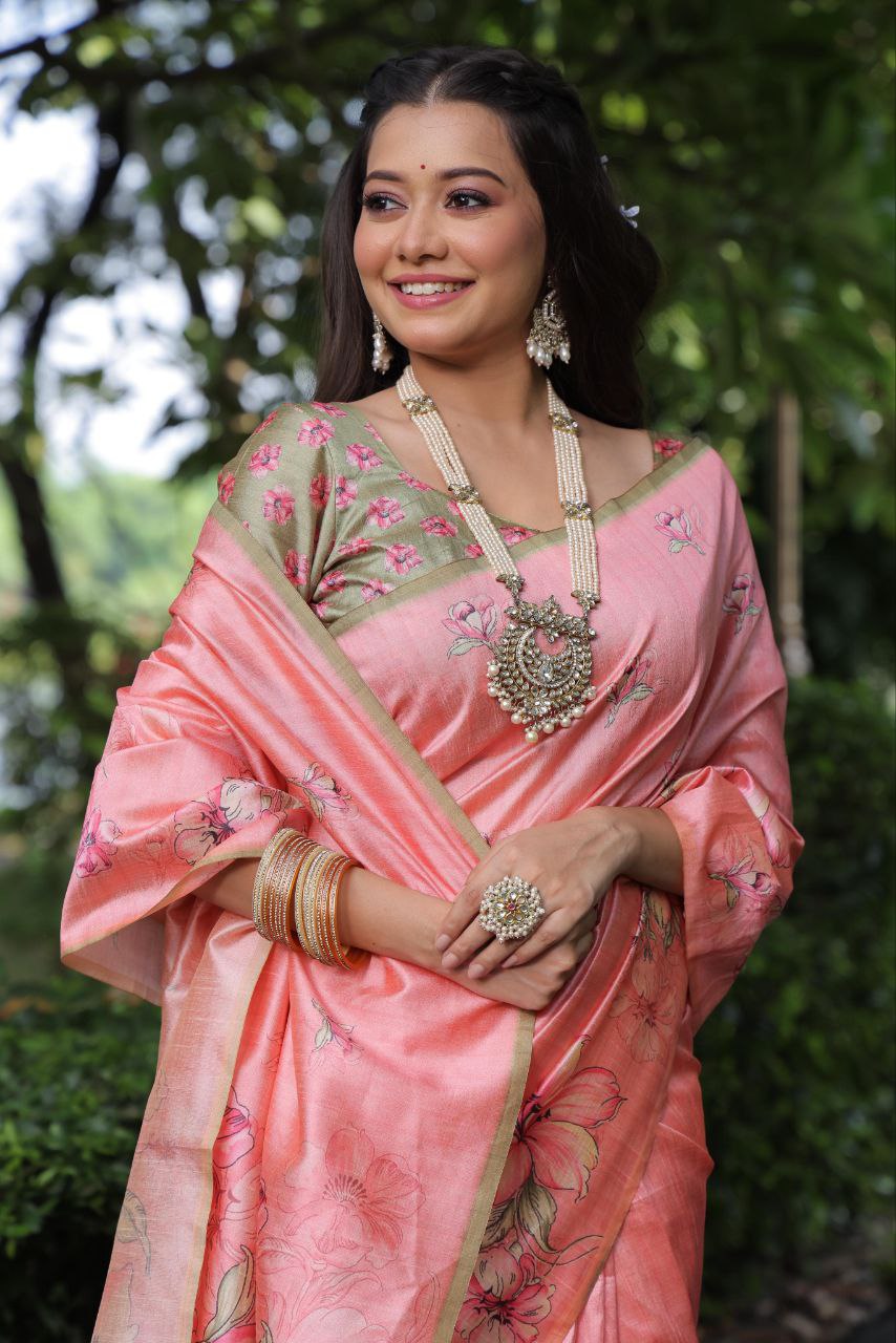 Peach Floral Printed Soft Tussar Silk Saree