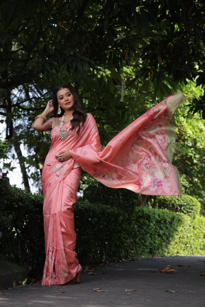 Peach Floral Printed Soft Tussar Silk Saree