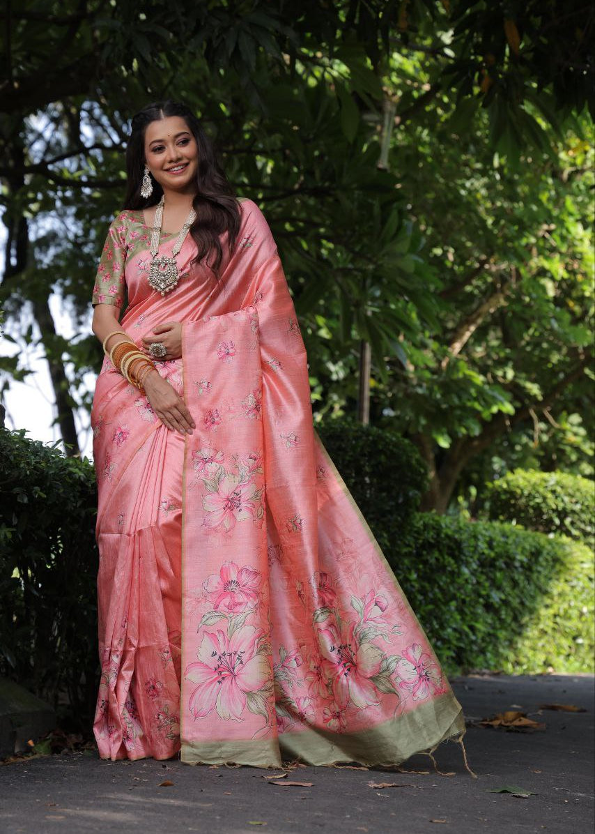 Peach Floral Printed Soft Tussar Silk Saree