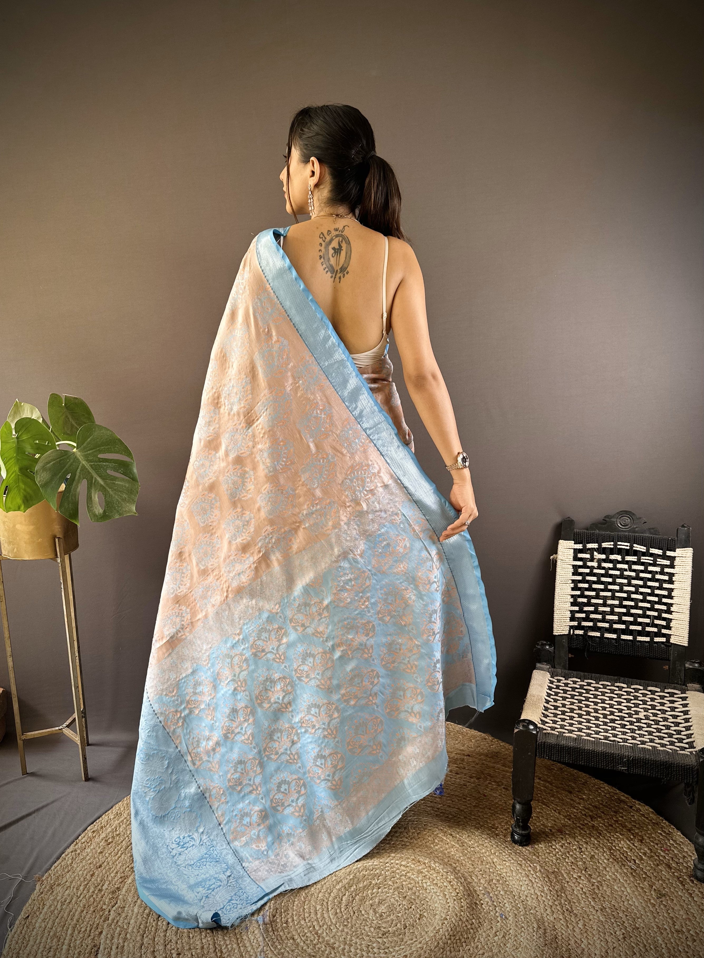 Peach Kanjivaram Tissue Silk Saree