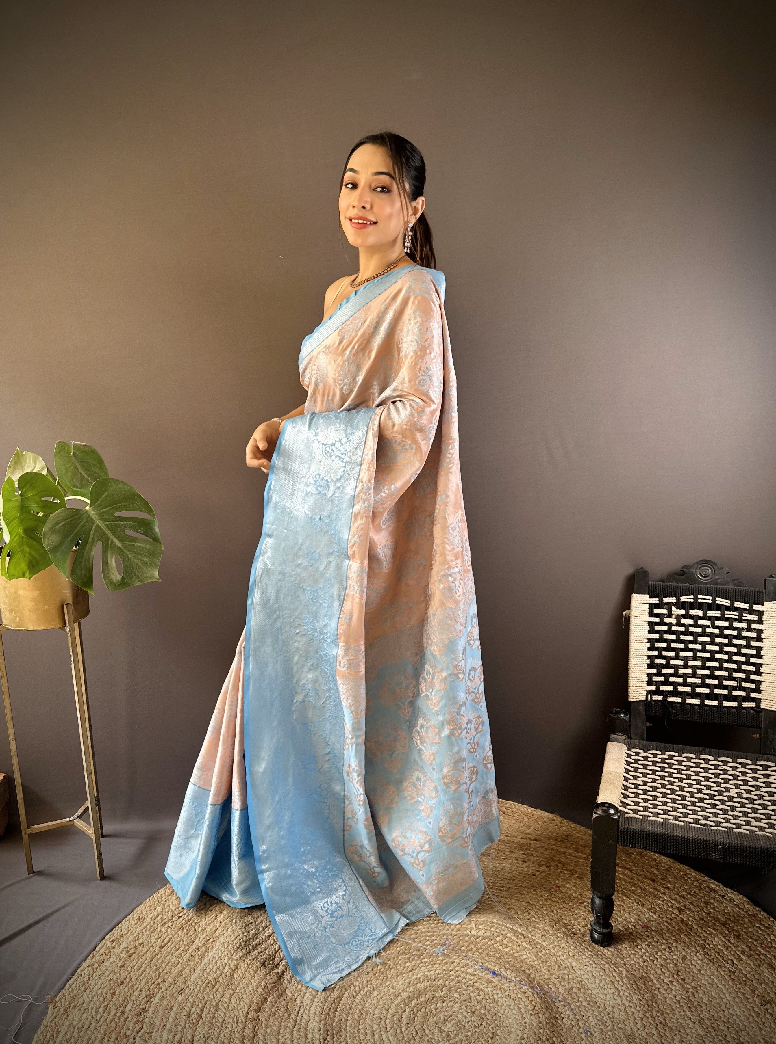 Peach Kanjivaram Tissue Silk Saree