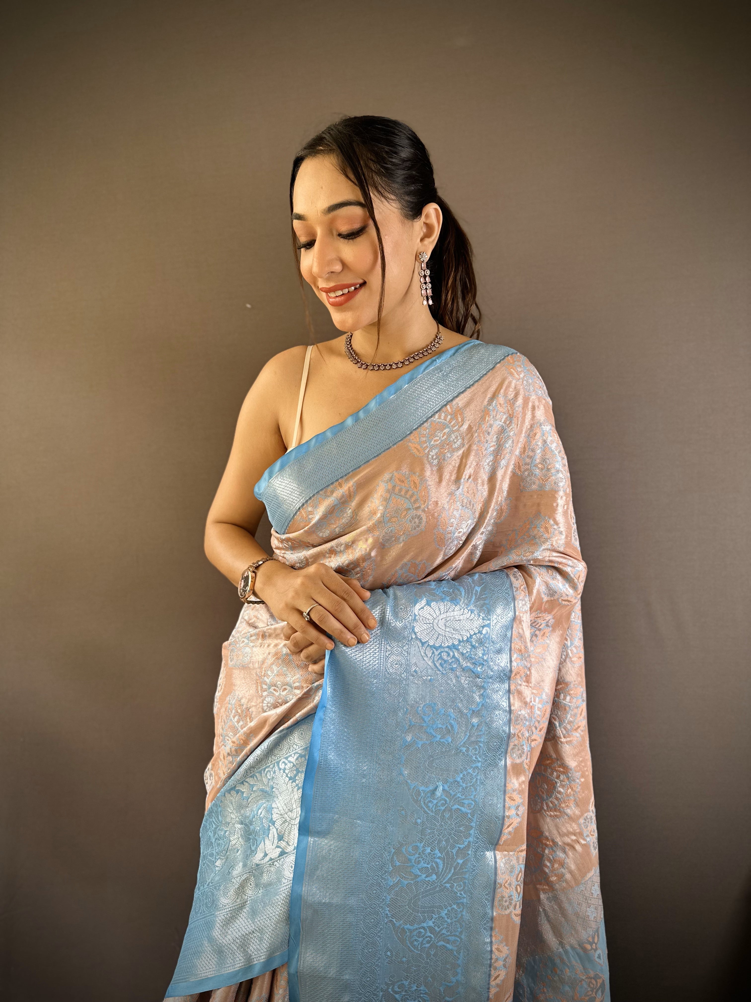 Peach Kanjivaram Tissue Silk Saree