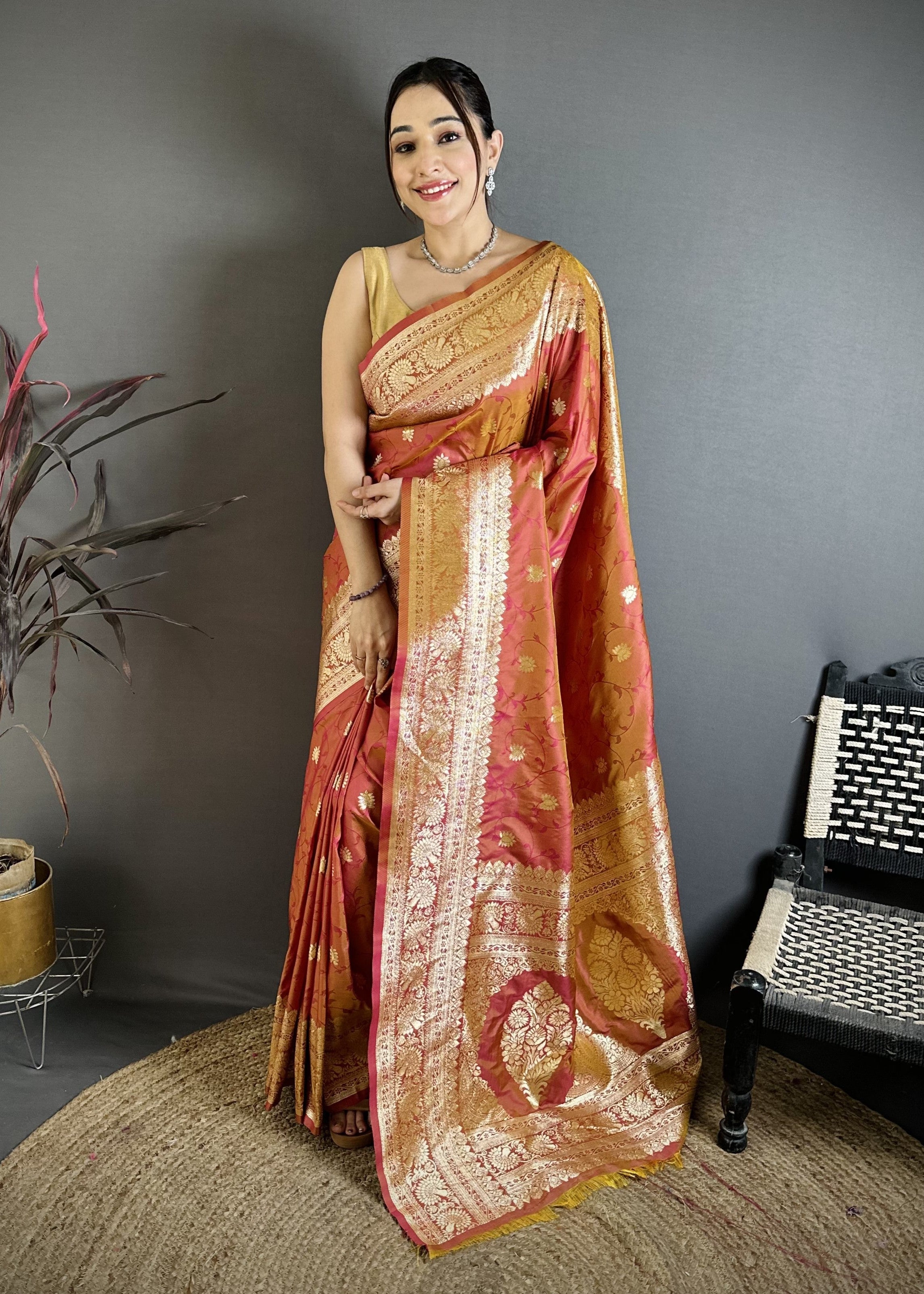 Peach Pure Banarasi Silk Saree