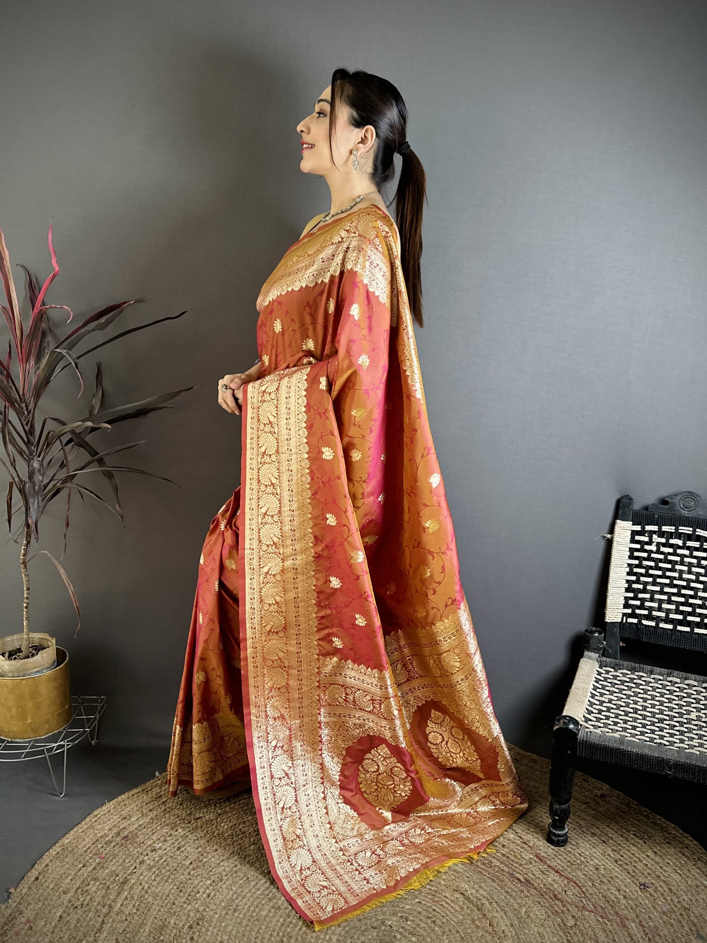 Peach Pure Banarasi Silk Saree