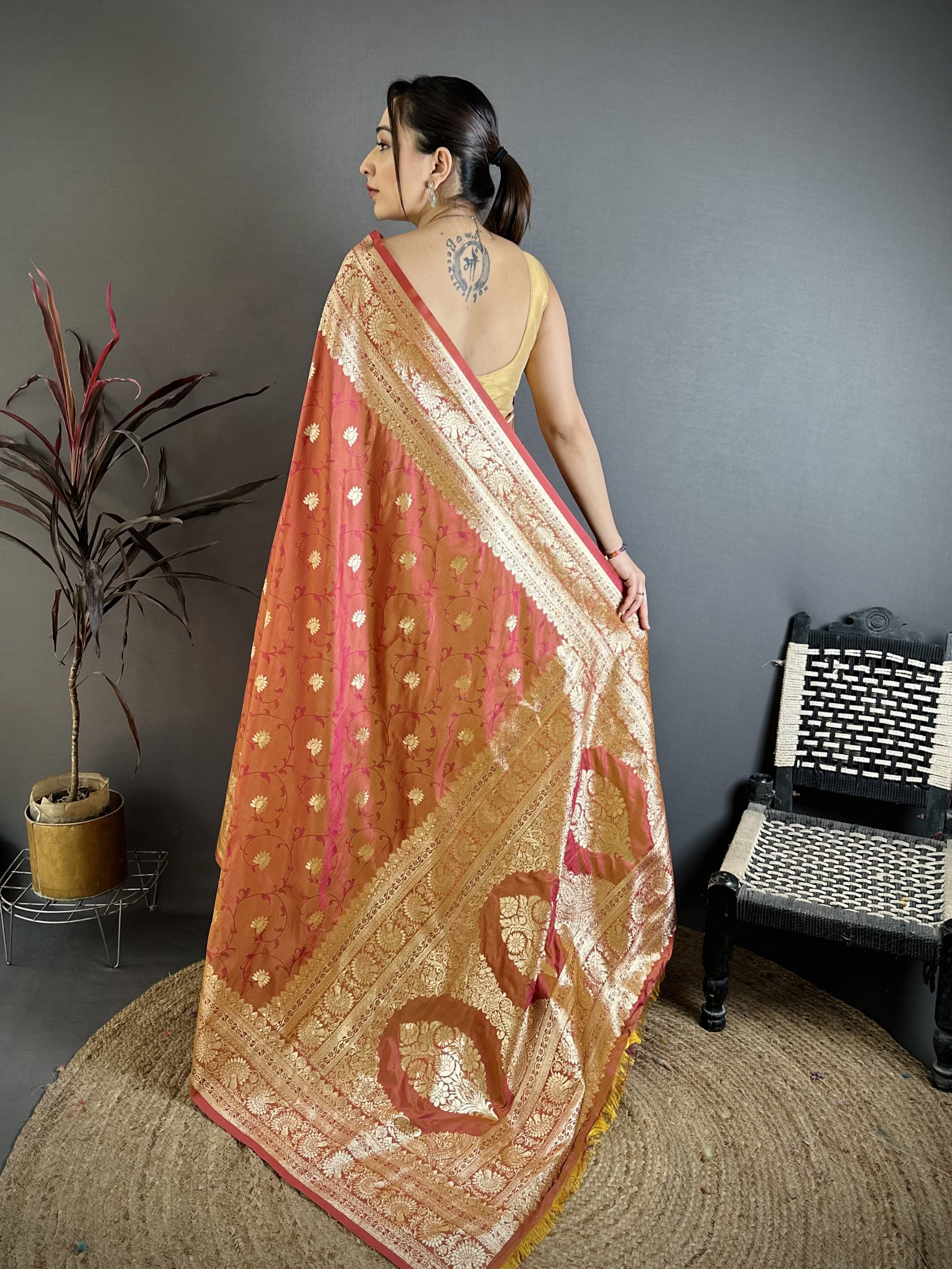 Peach Pure Banarasi Silk Saree