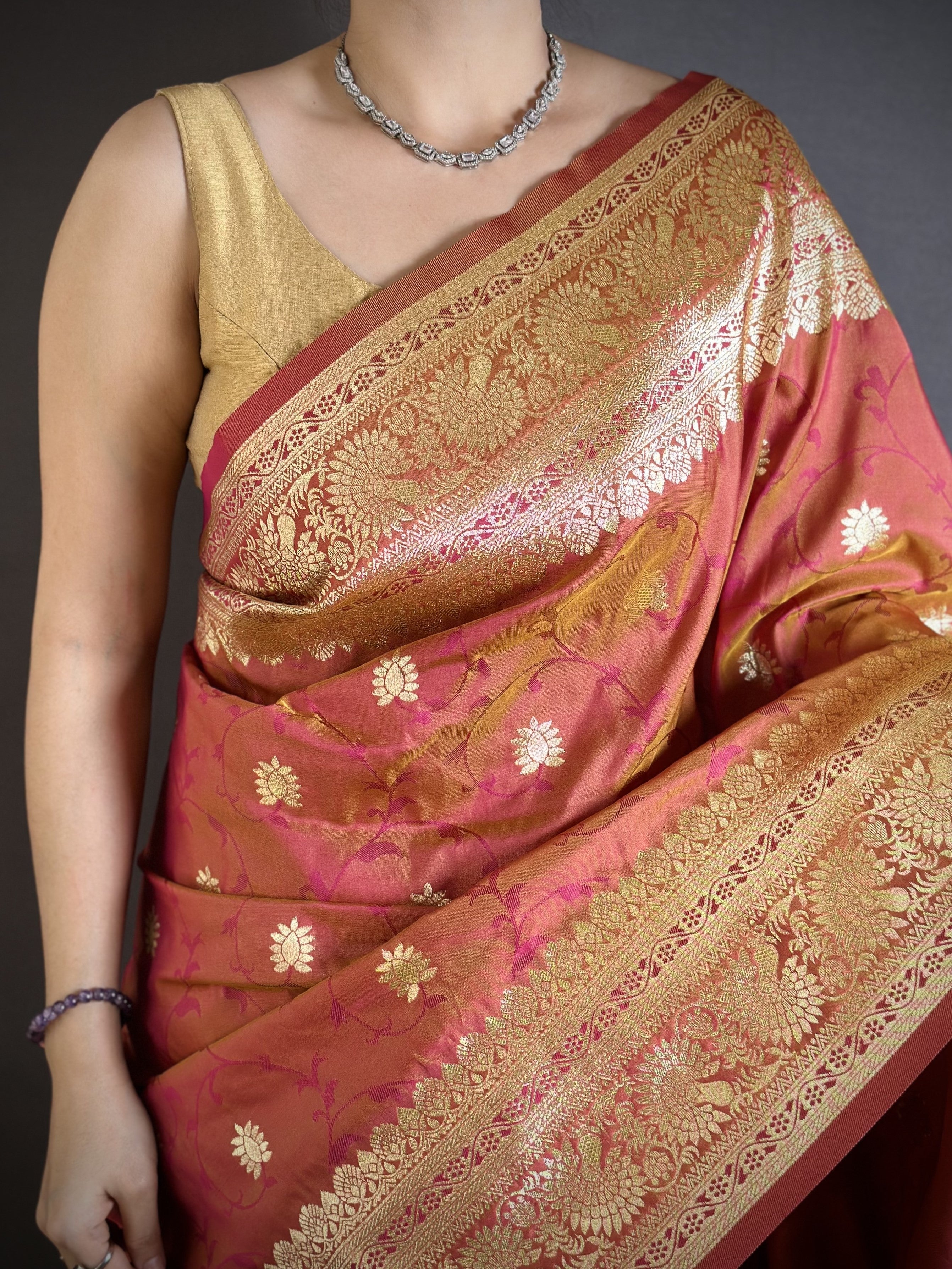 Peach Pure Banarasi Silk Saree