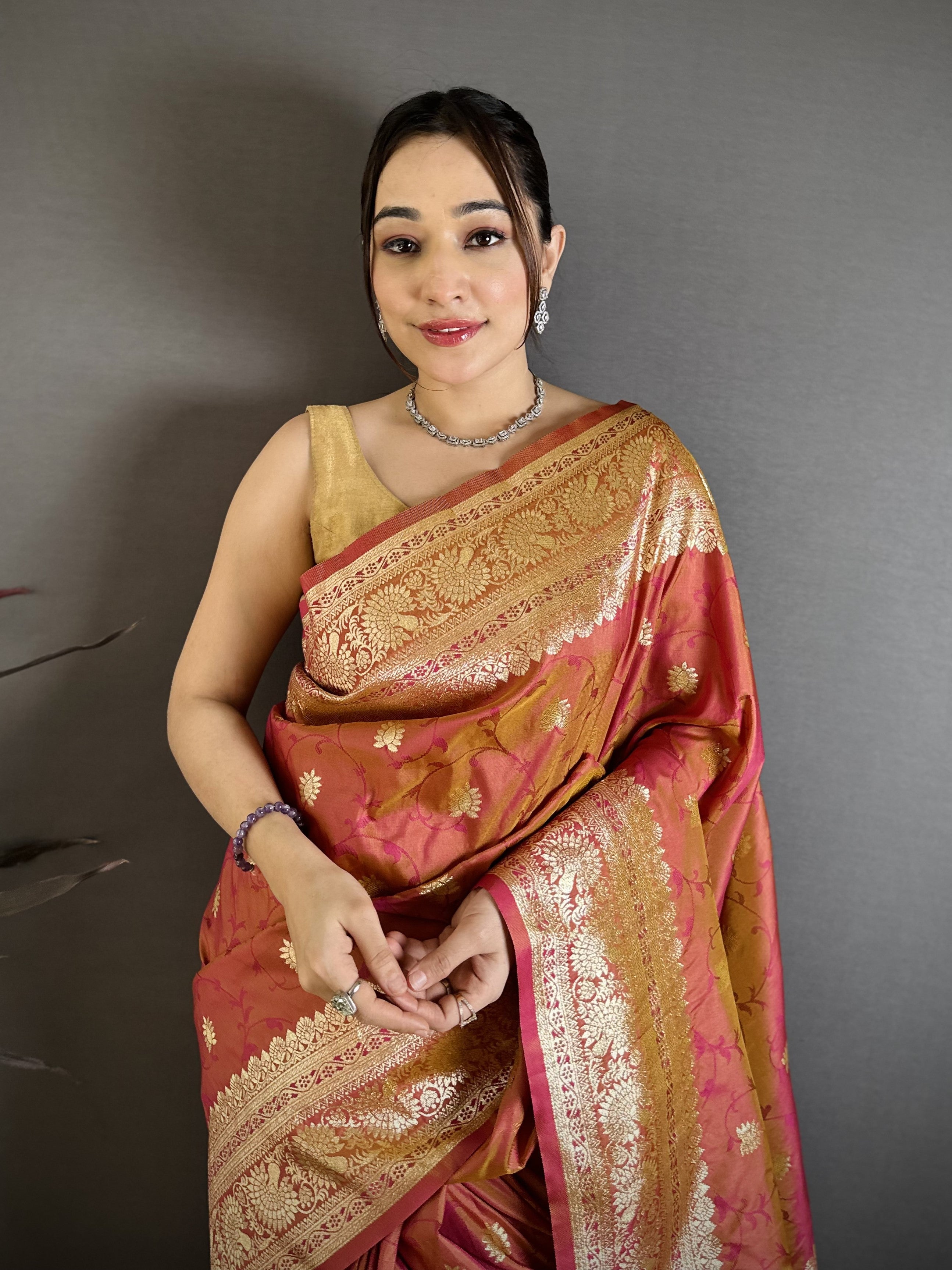 Peach Pure Banarasi Silk Saree