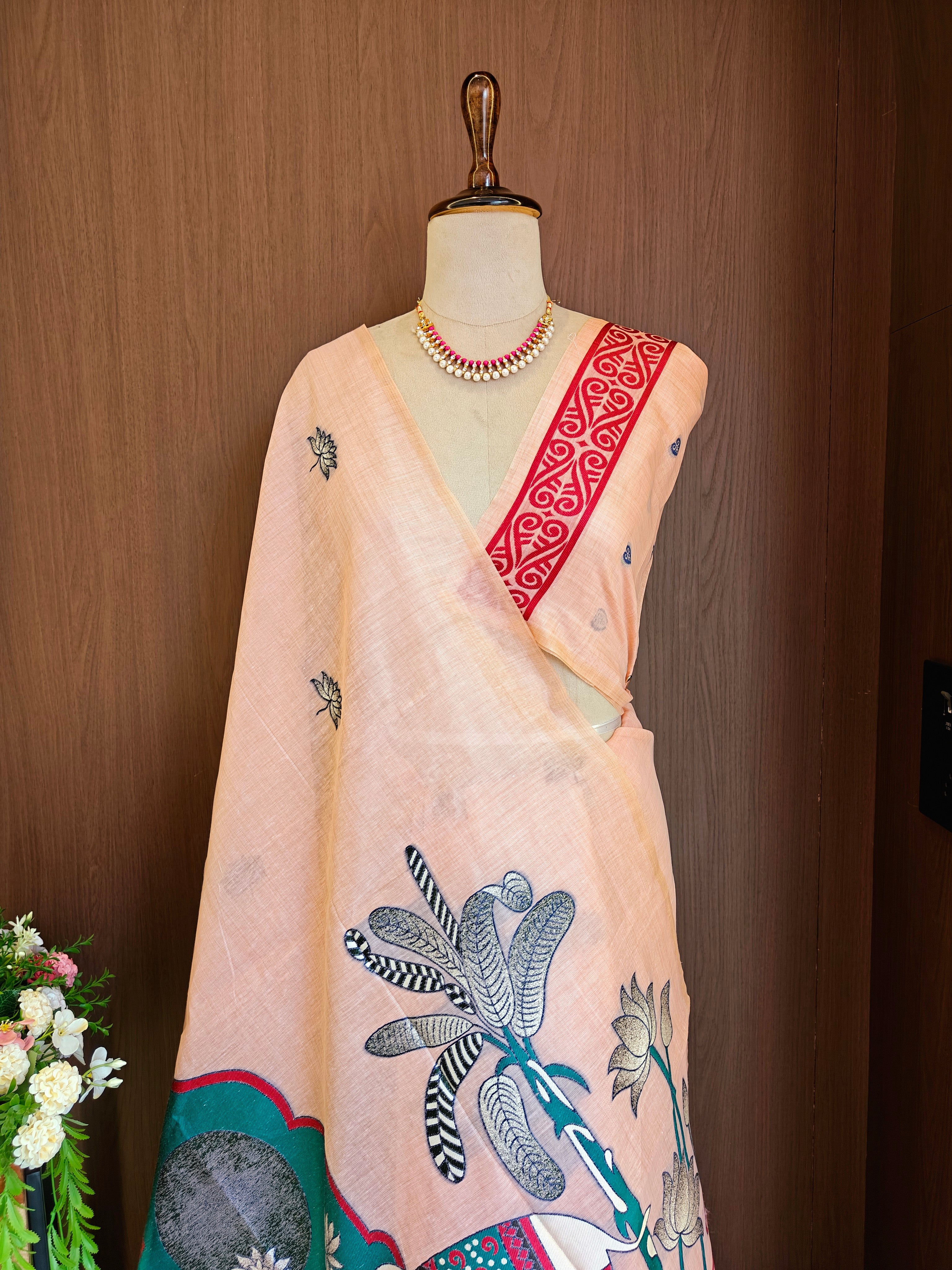 Peach Rajwadi Woven Muga Cotton Saree