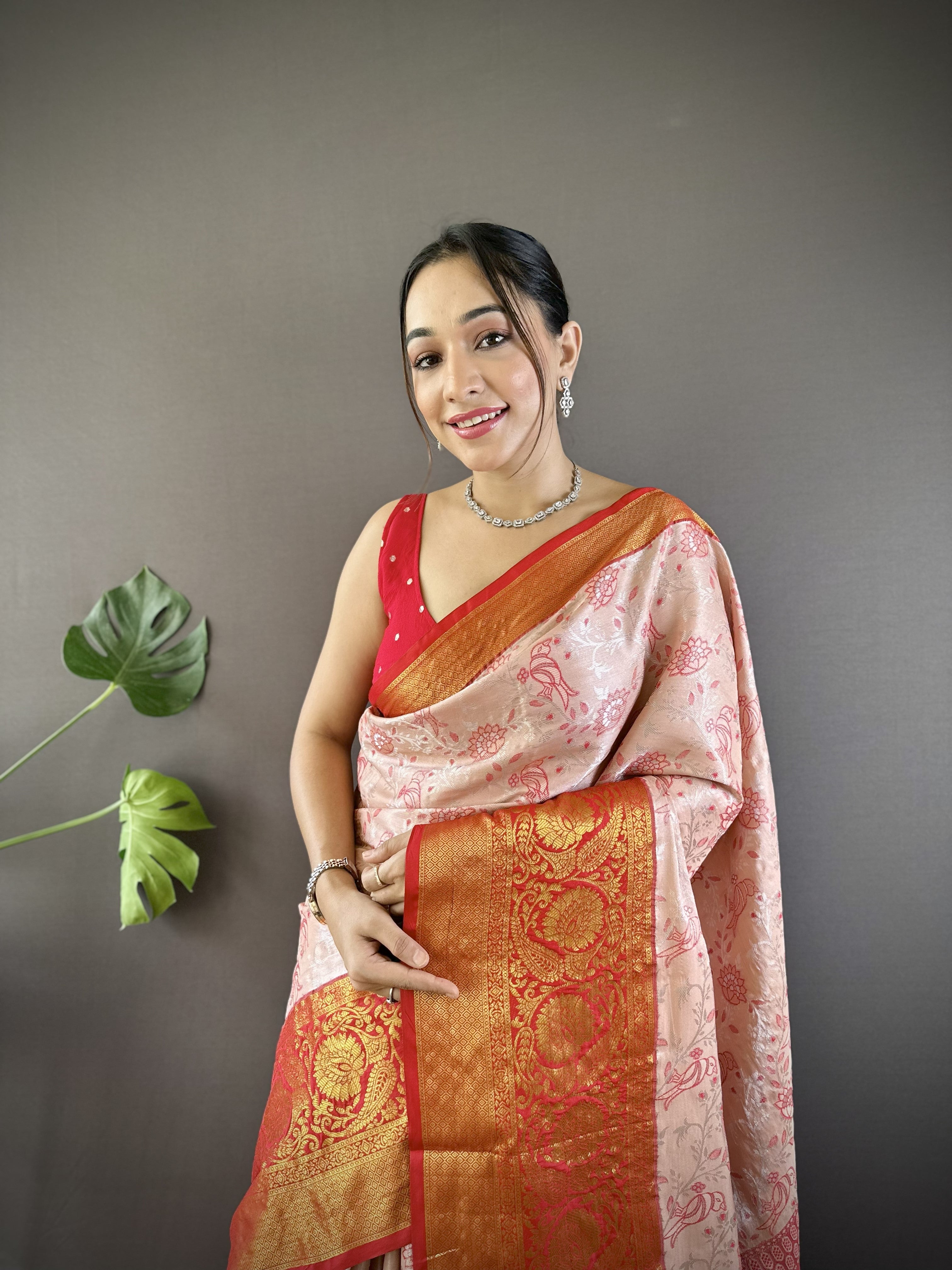 Peach Red Kanjivaram Tissue Silk Saree
