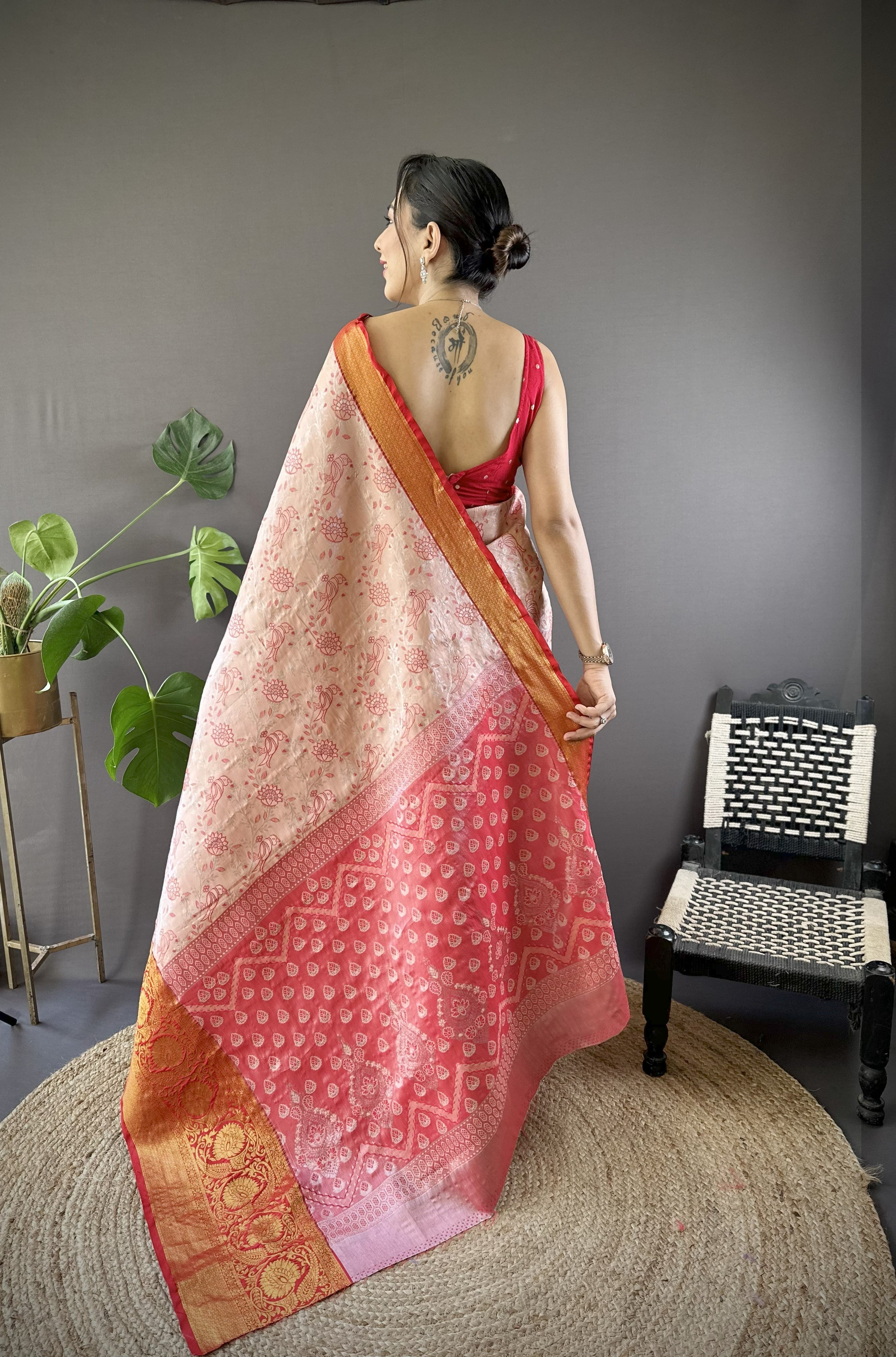 Peach Red Kanjivaram Tissue Silk Saree