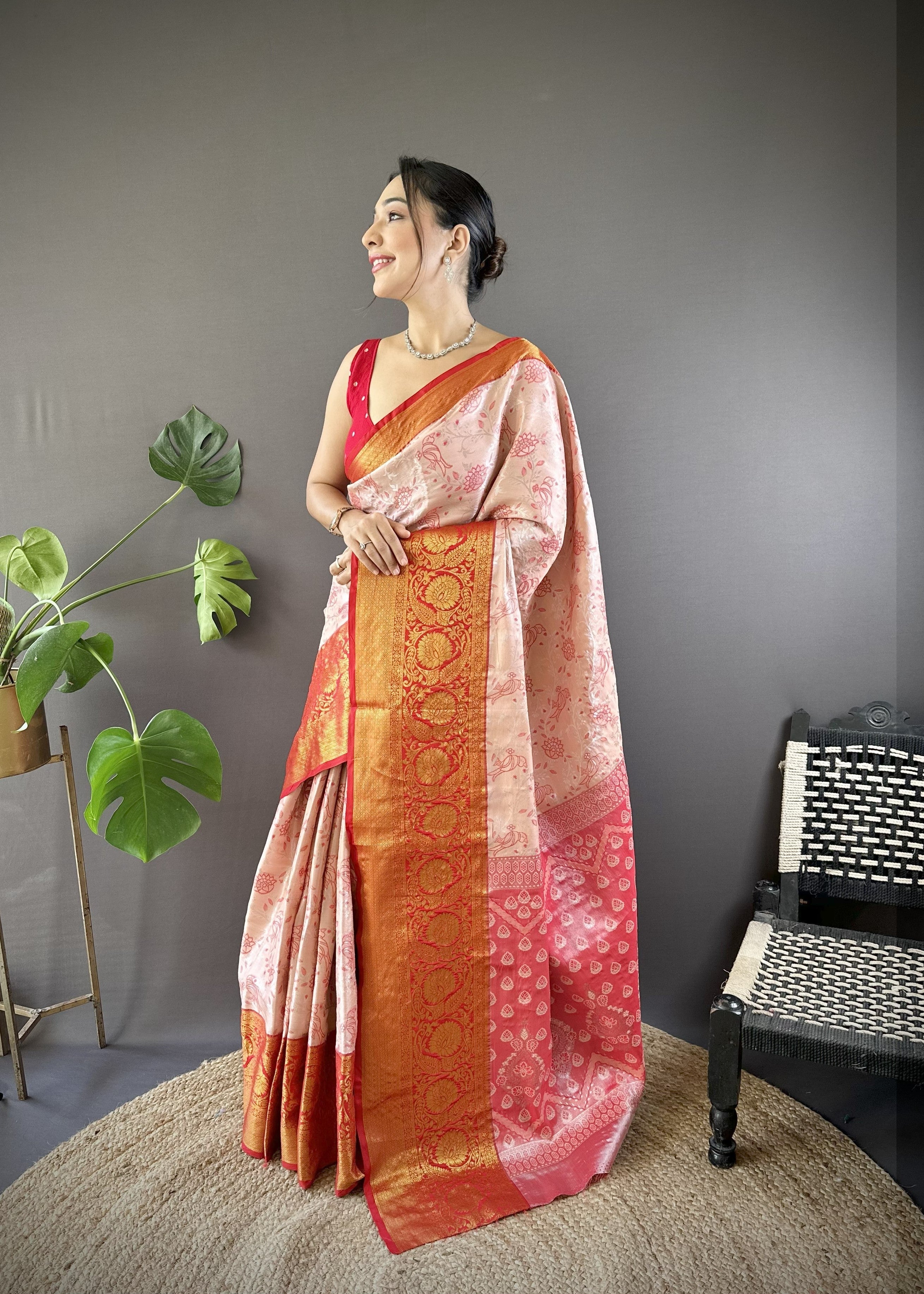 Peach Red Kanjivaram Tissue Silk Saree
