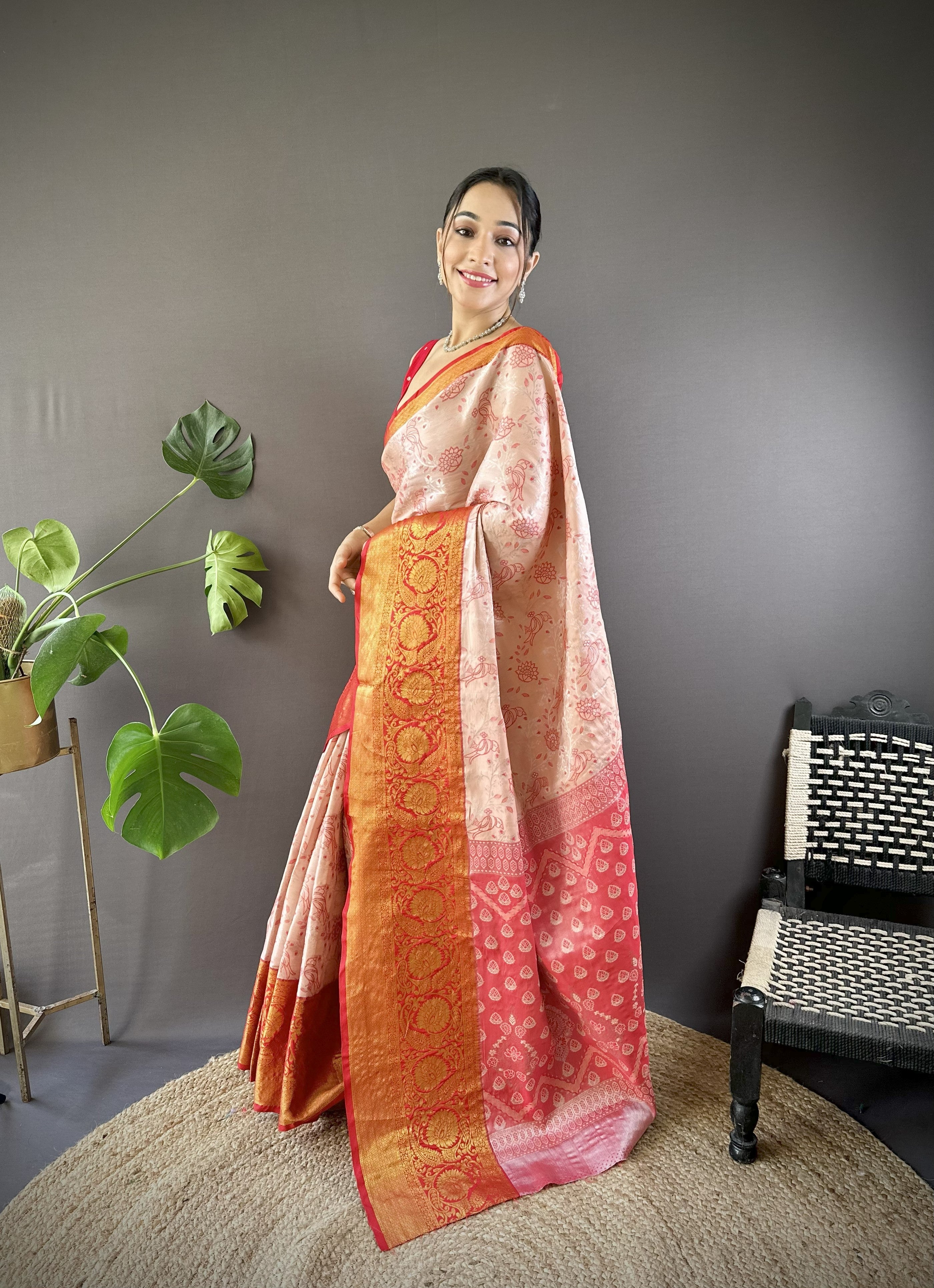 Peach Red Kanjivaram Tissue Silk Saree
