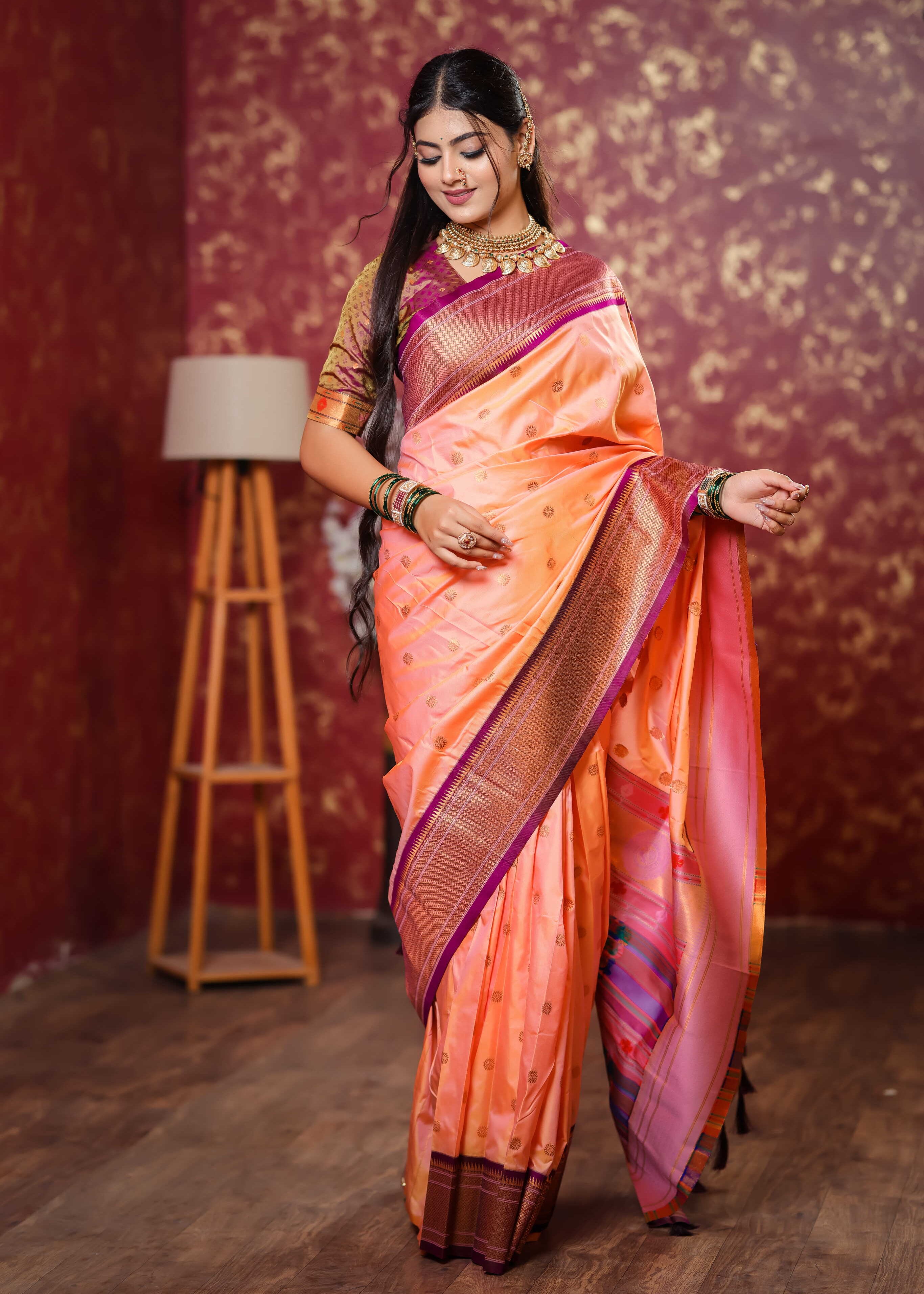 Peach Silk Fabric Weaving Paithani Saree