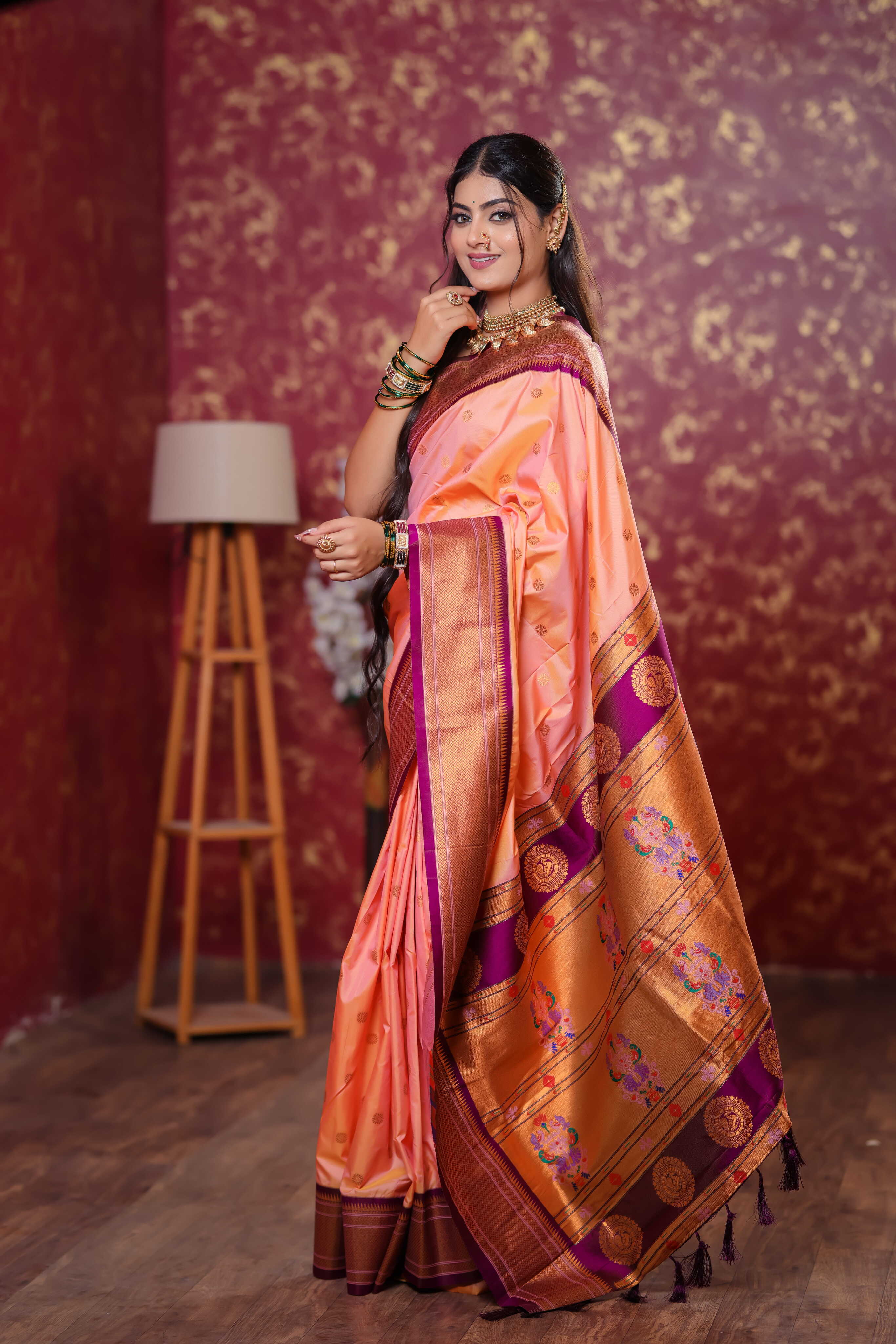 Peach Silk Fabric Weaving Paithani Saree