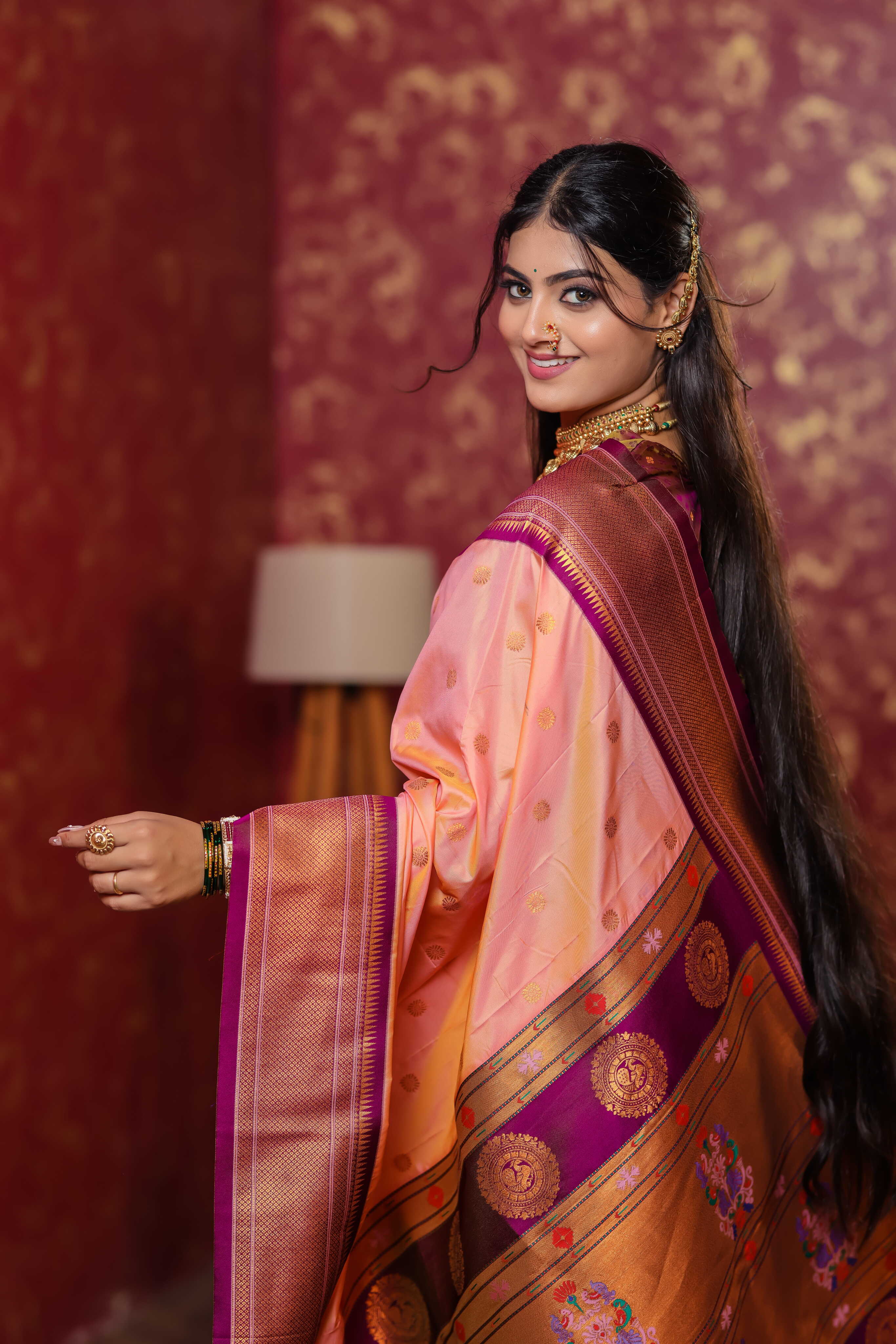 Peach Silk Fabric Weaving Paithani Saree