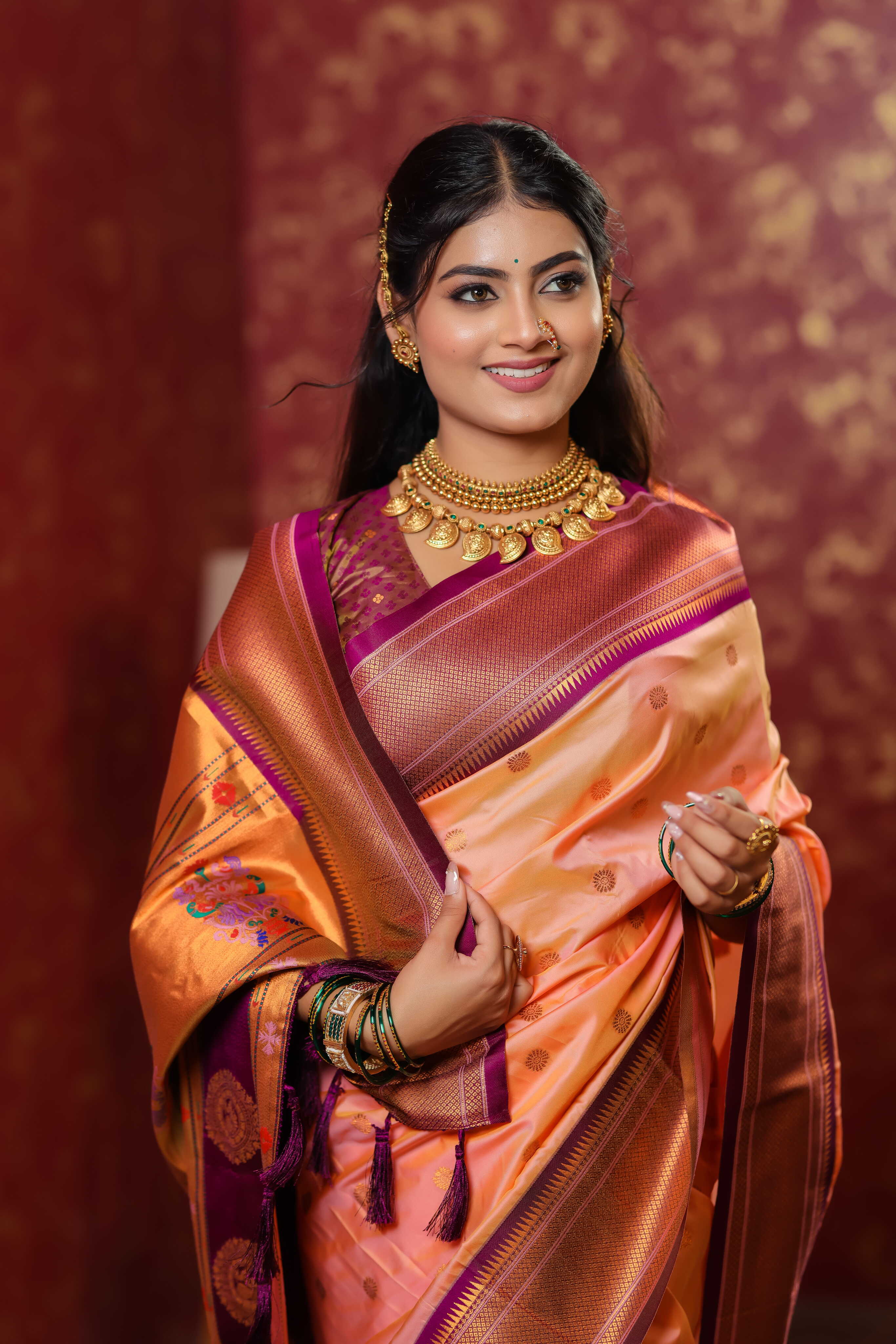 Peach Silk Fabric Weaving Paithani Saree
