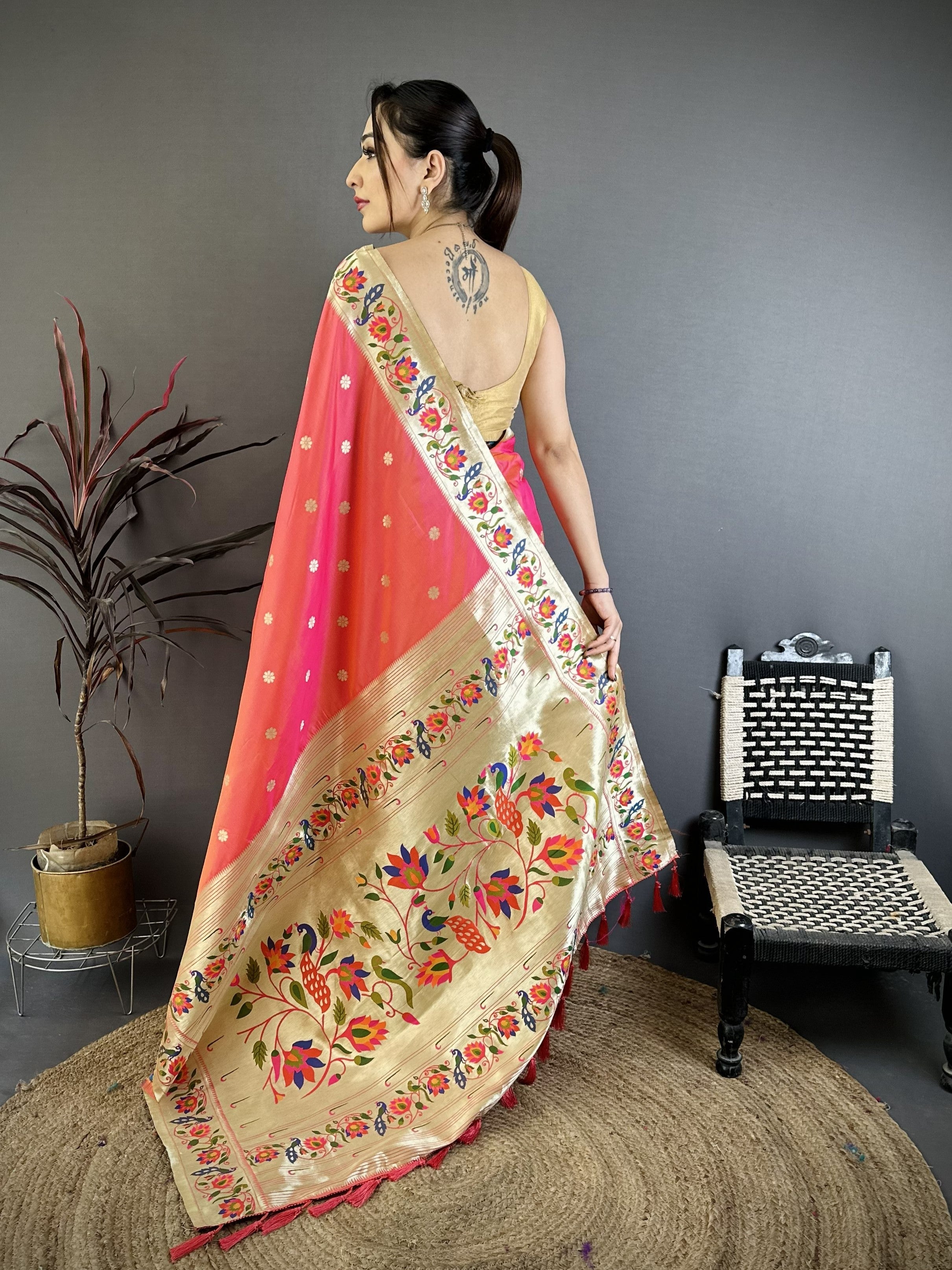 Peach Silk Weaving Paithani Silk Saree