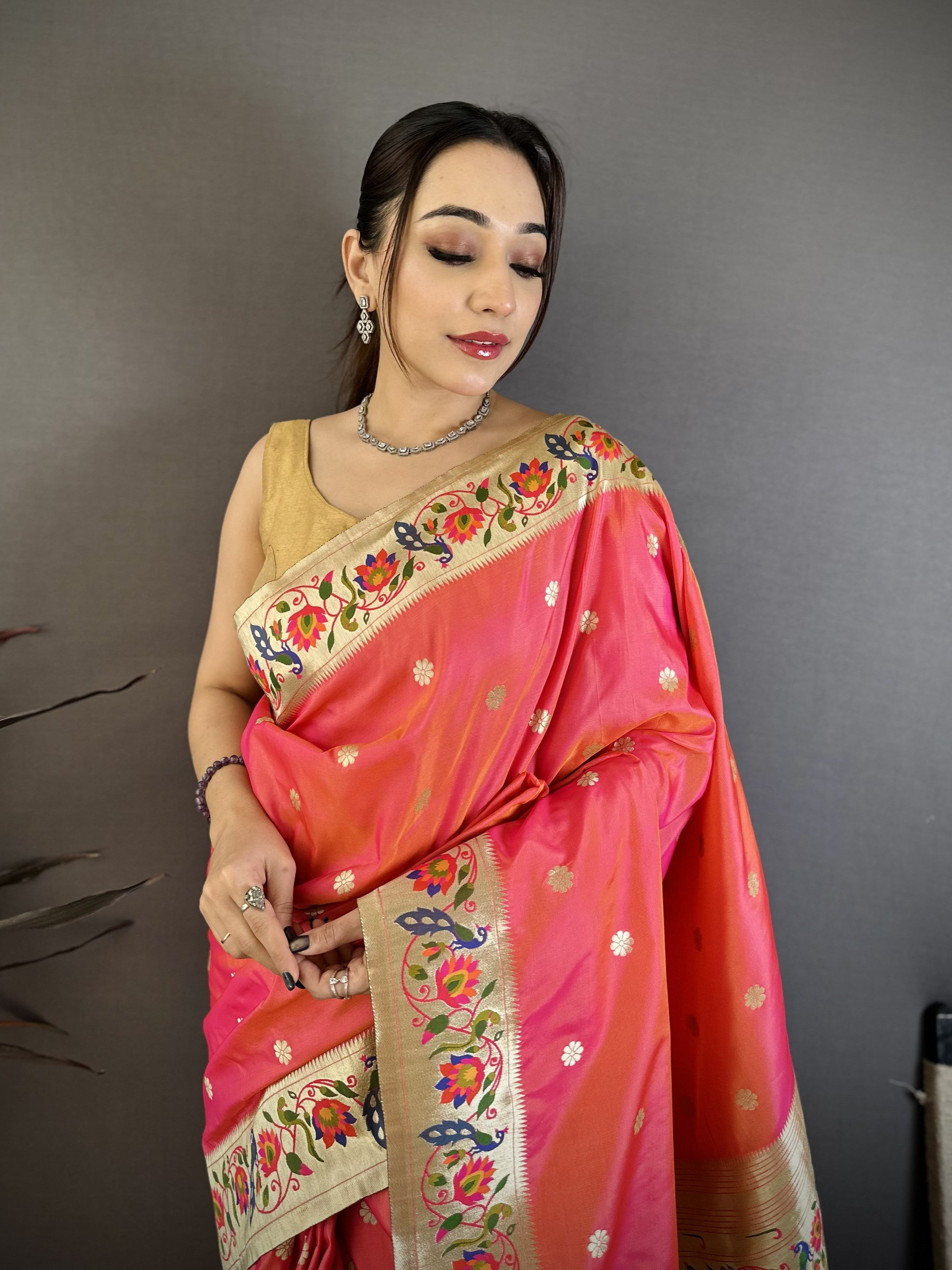 Peach Silk Weaving Paithani Silk Saree