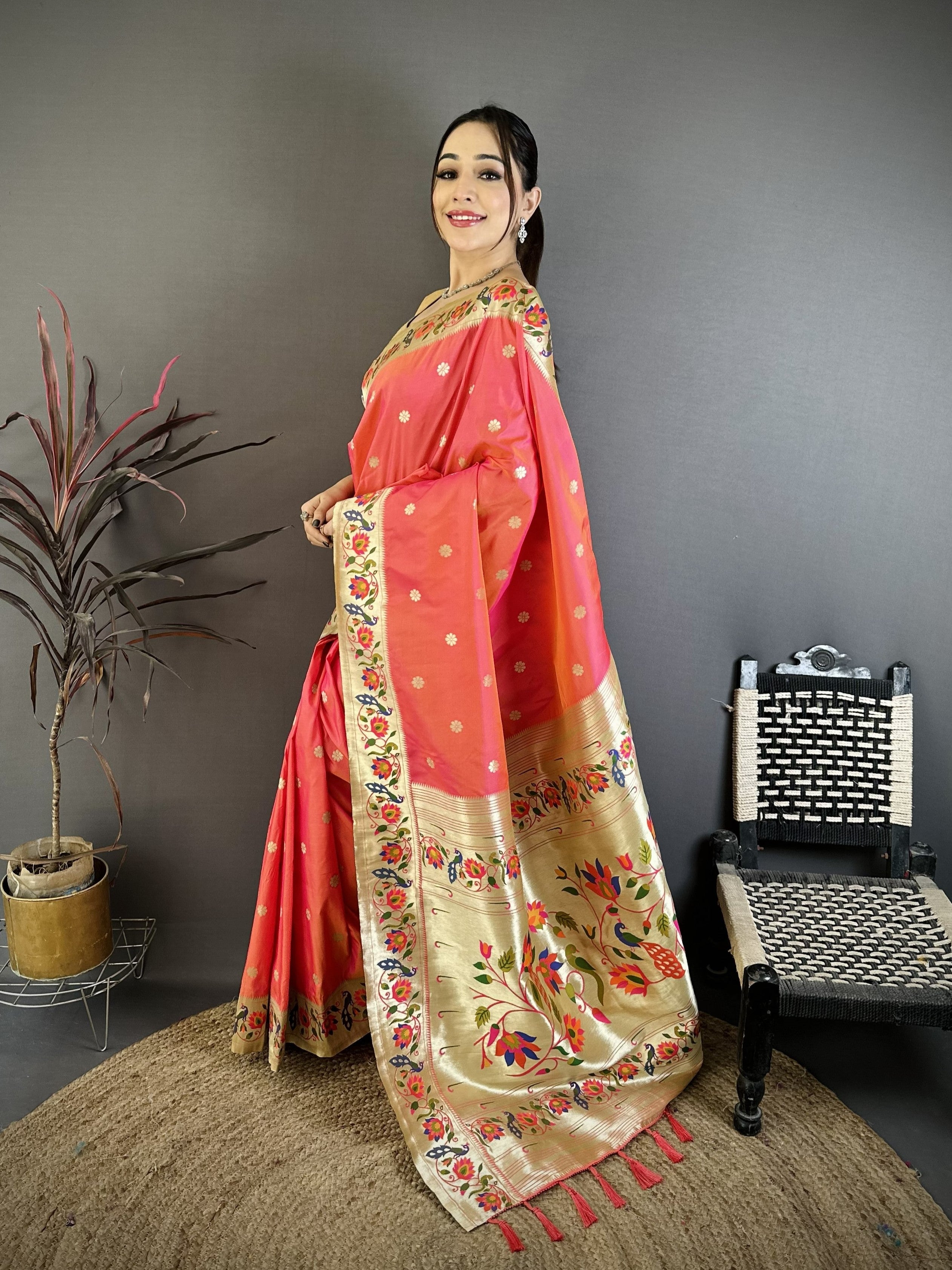 Peach Silk Weaving Paithani Silk Saree