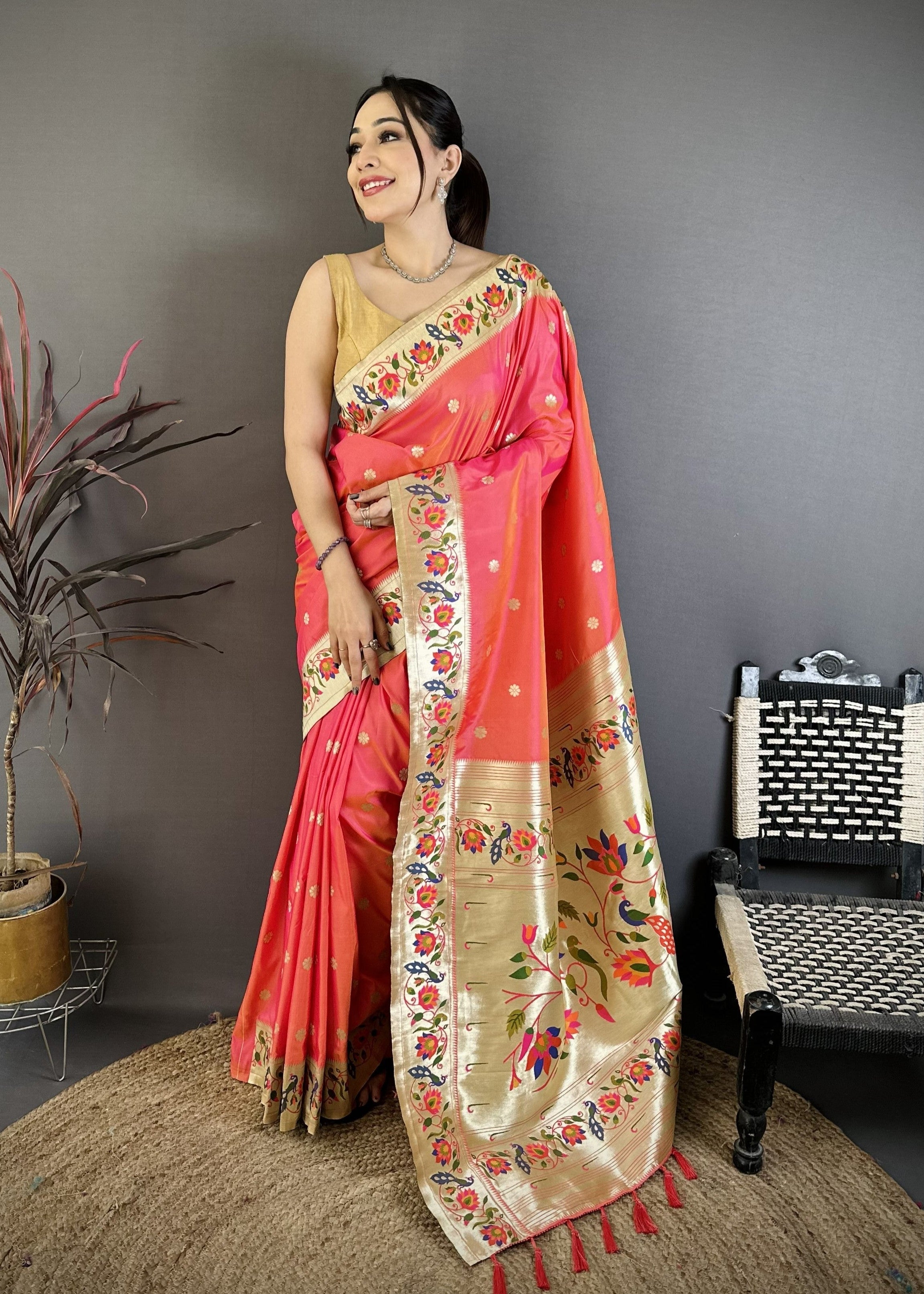 Peach Silk Weaving Paithani Silk Saree