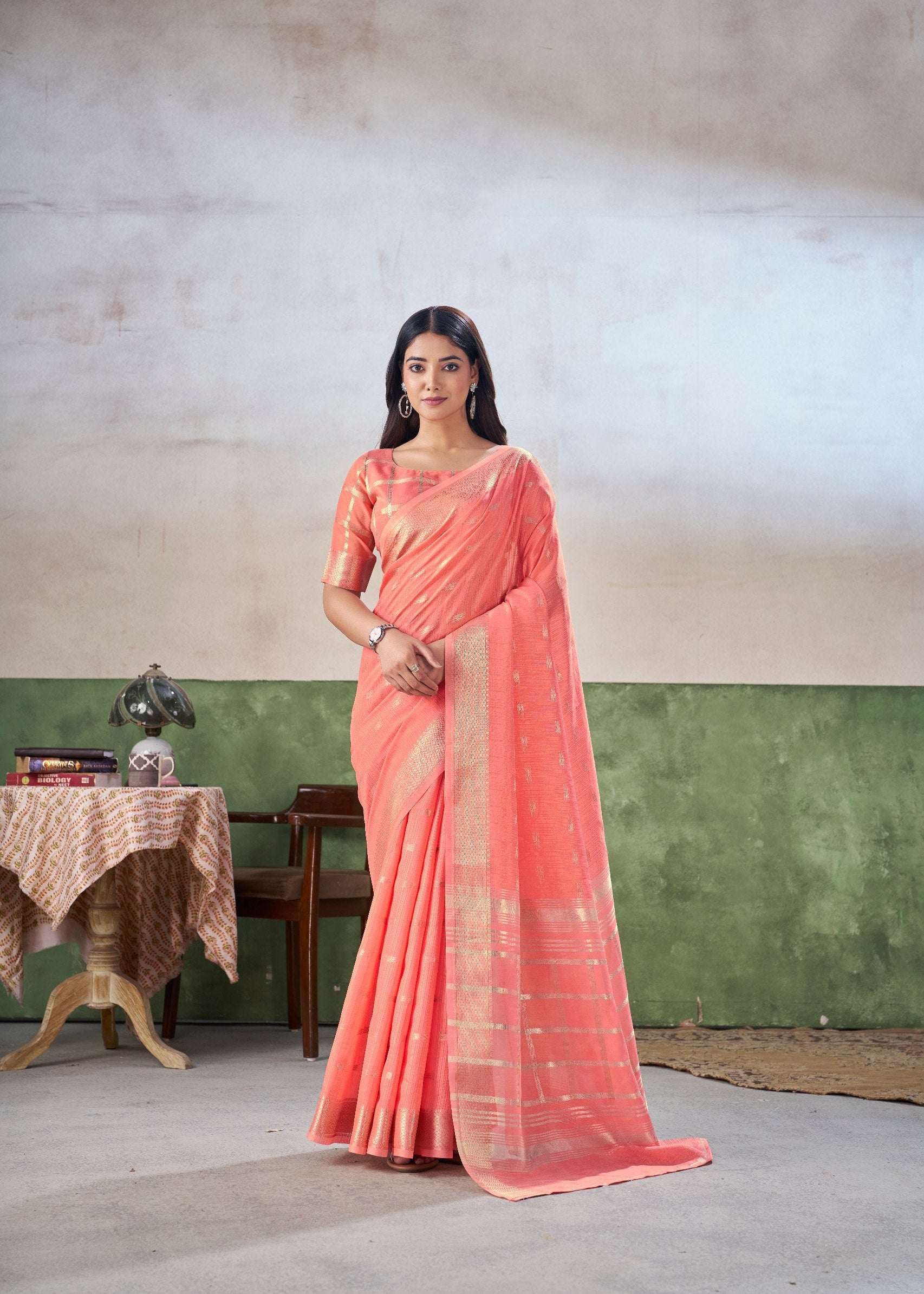 Peach Soft Linen Cotton Silk Saree